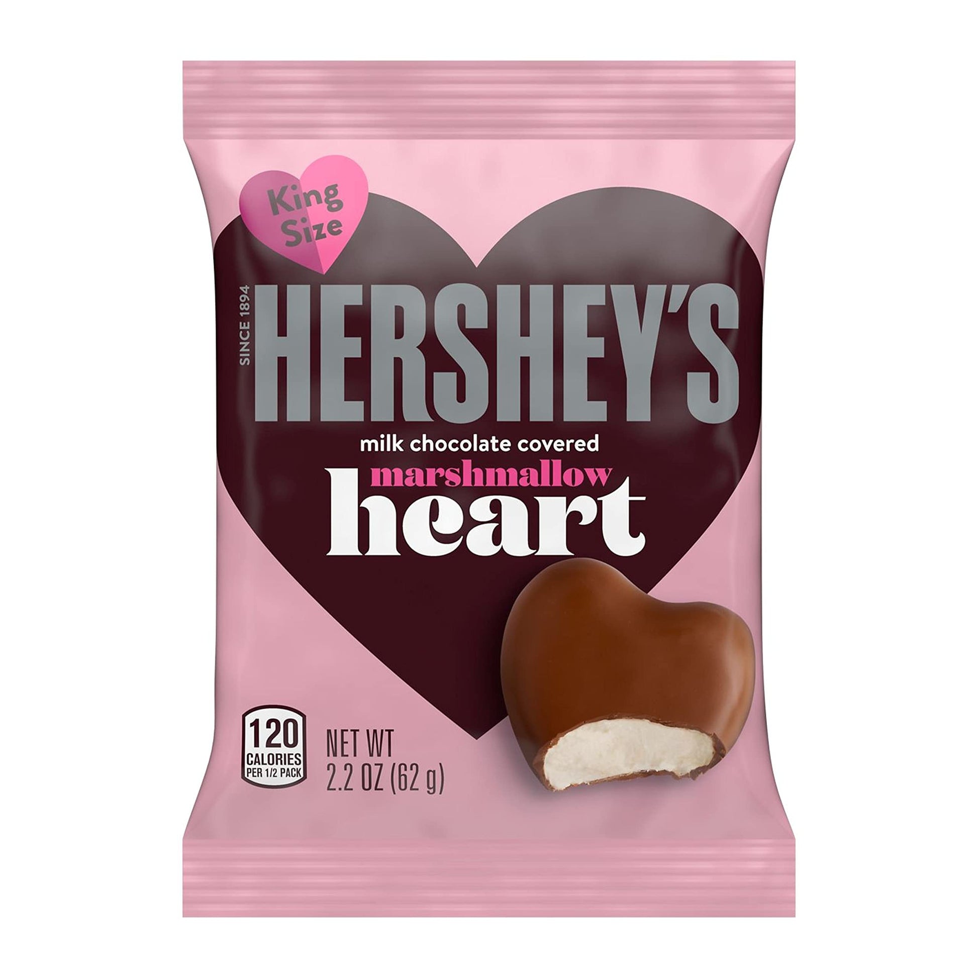HERSHEY'S Milk Chocolate Covered Marshmallow King Size Heart Candy, Valentine's Day, 2.2 oz Pack
