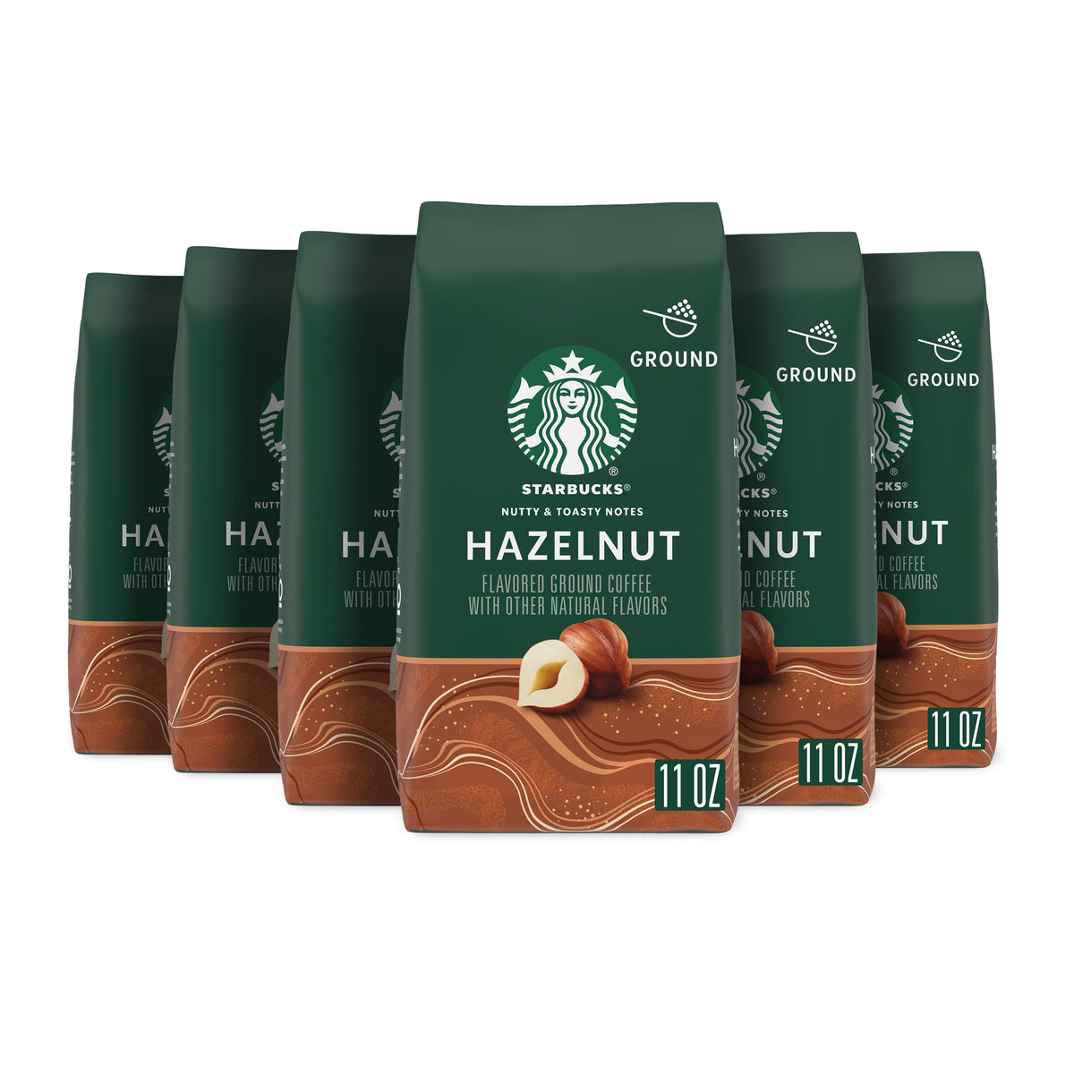 Starbucks Ground Coffee, Hazelnut Flavored Coffee, Naturally Flavored, 100% Arabica, 6 bags (11 oz each)
