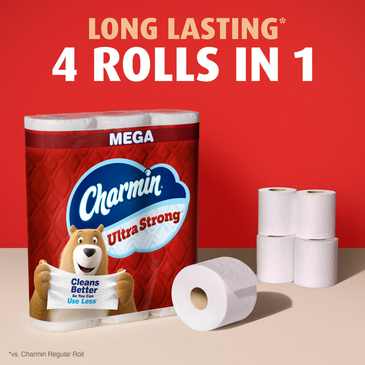 Charmin Ultra Strong Toilet Paper Mega Rolls, 4" x 3-15/16", White, 220 Sheets Per Roll, Pack Of 18 Mega Rolls