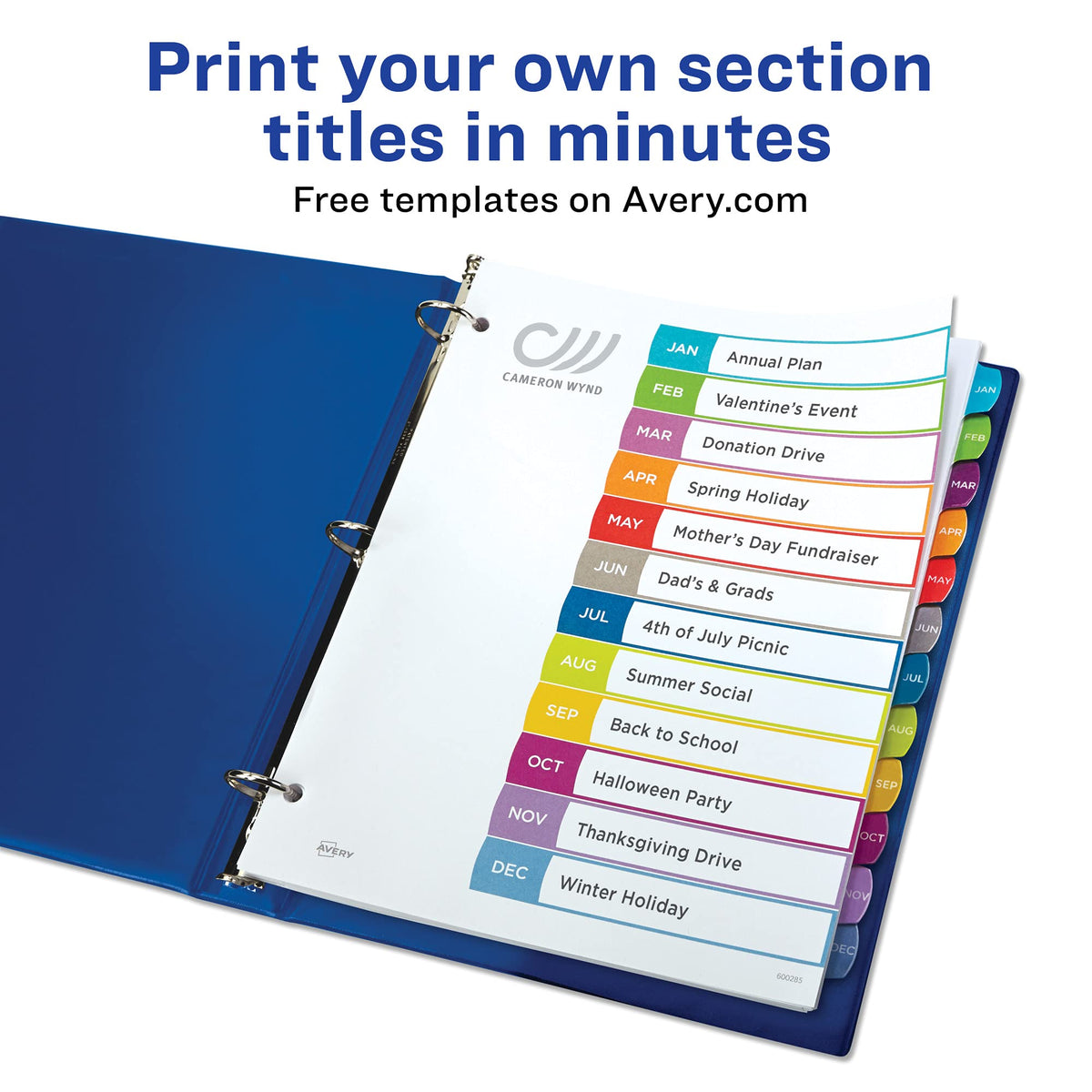 Avery Jan-Dec Customizable Table of Contents Dividers for 3 Ring Binders, 12-Tab Set, Multicolor, 1 Set (11847)