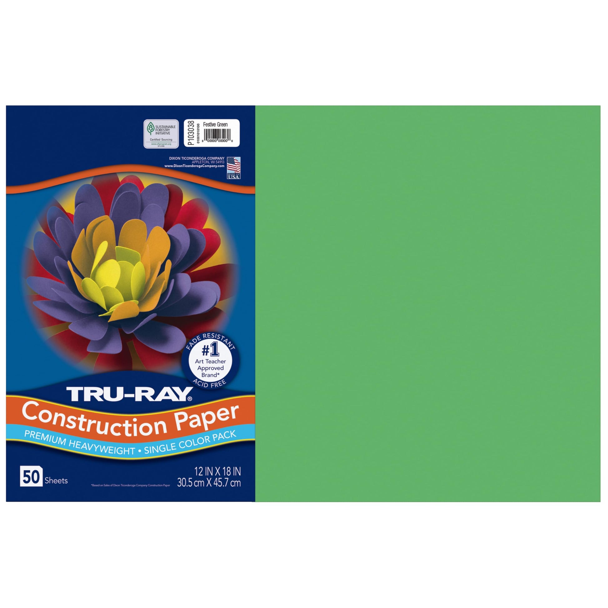 Pacon 103038 Tru-Ray Construction Paper, 76 lbs., 12 x 18, Festive Green, 50 Sheets/Pack