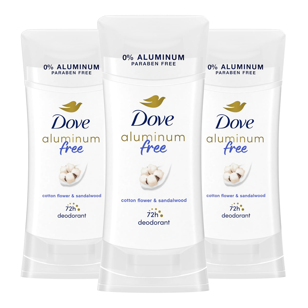 Dove Aluminum Free Deodorant for Women 3 Count Cotton Flower & Sandalwood 72 hour odor protection 2.6 oz