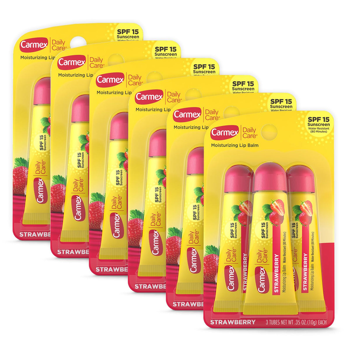 Carmex Daily Care Moisturizing Lip Balm with SPF 15, Strawberry Lip Balm Tubes, 0.35 OZ Each - 3 Count (Pack of 6)