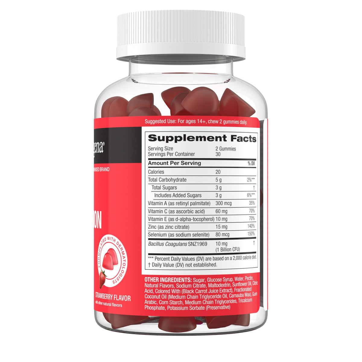 Neutrogena Clear Complexion Antioxidant Gummies with Zinc, Daily Skincare Supplement with Vitamin A, Vitamin C & Vitamin E for Clear, Healthy Skin + Probiotics, Strawberry Flavor, 60 ct