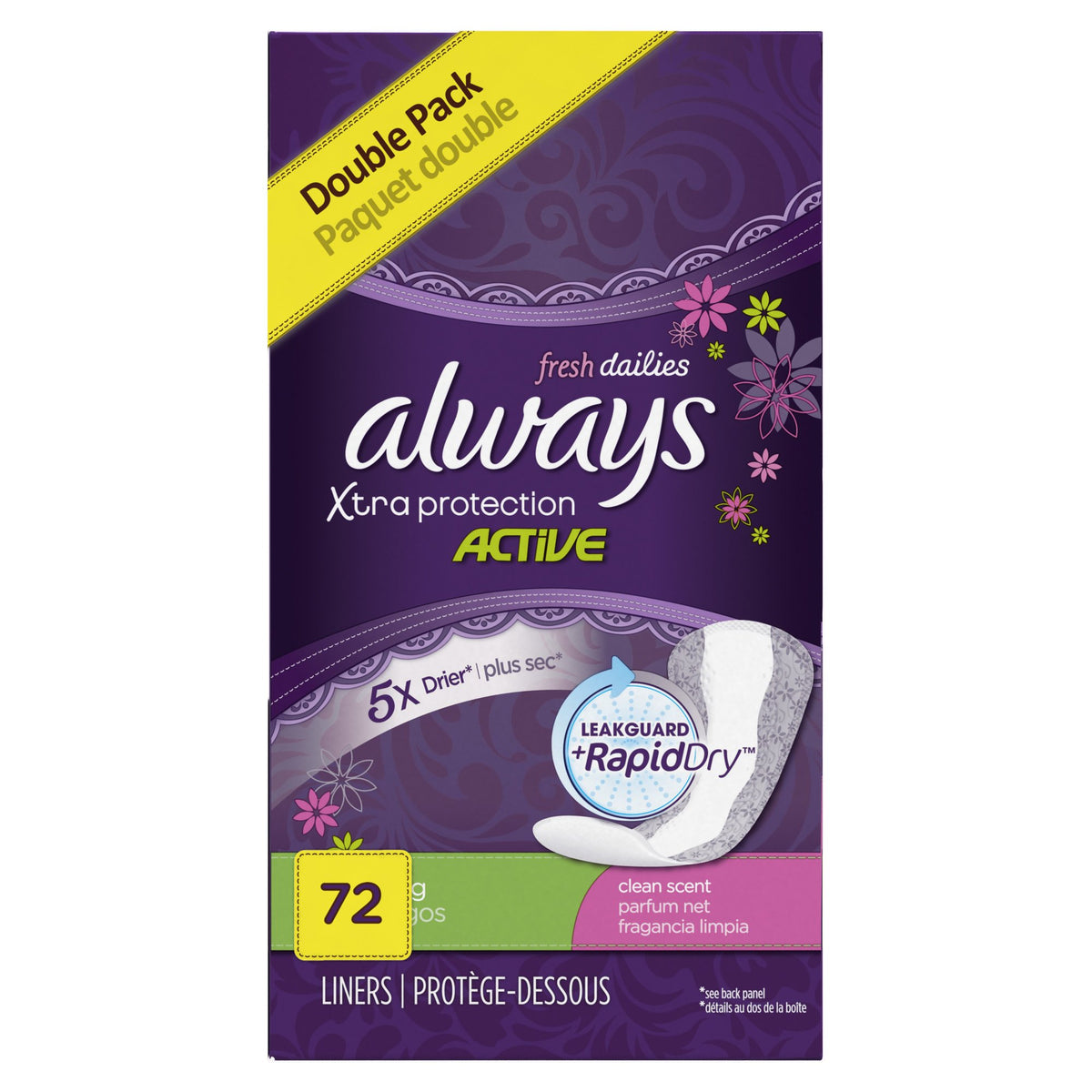 Always Xtra Protection Active Liners, Long, Scented, 36 Count - Pack of 2 (72 Total Count)