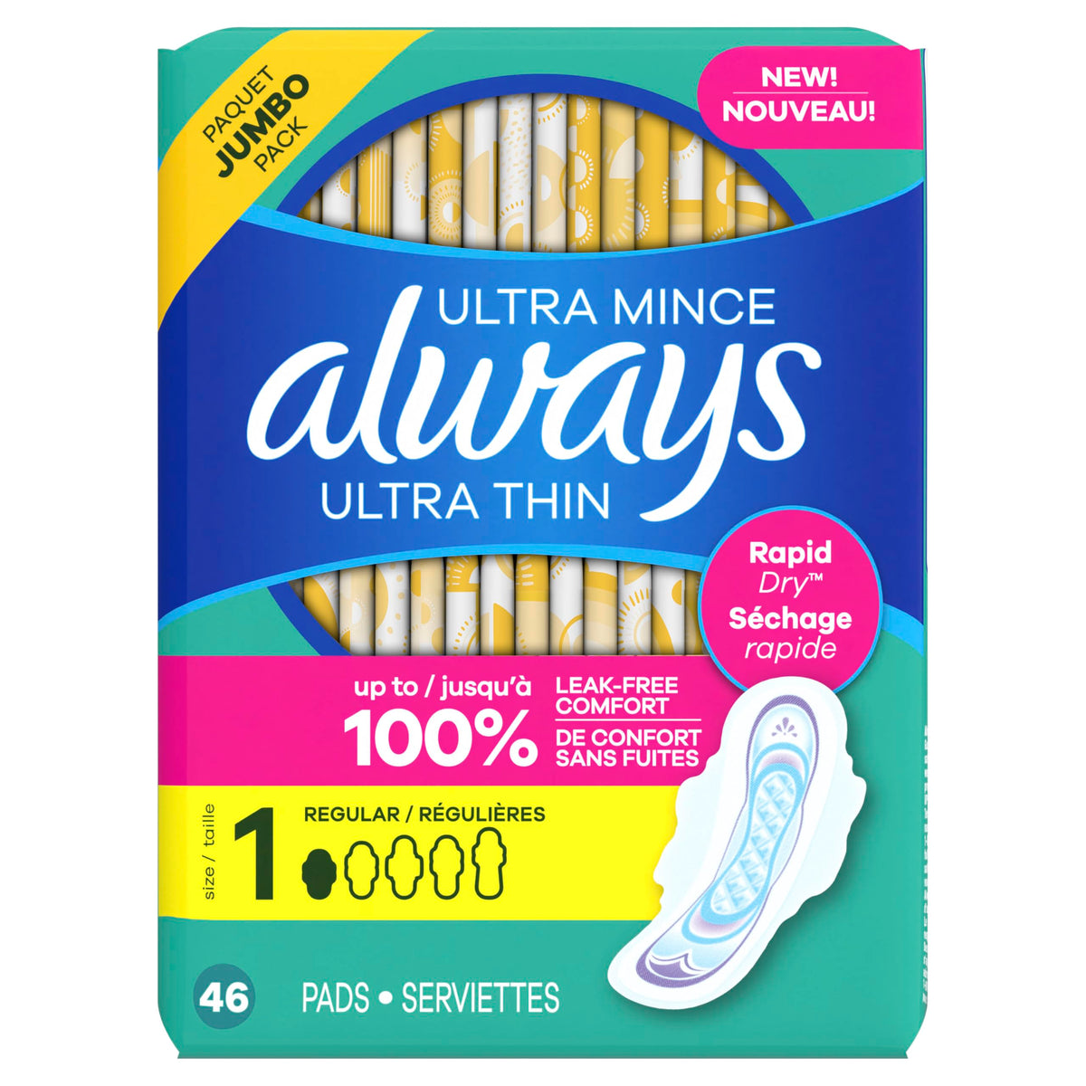 Always Ultra Thin Pads with Wings, Size 1, Regular, 46 Count