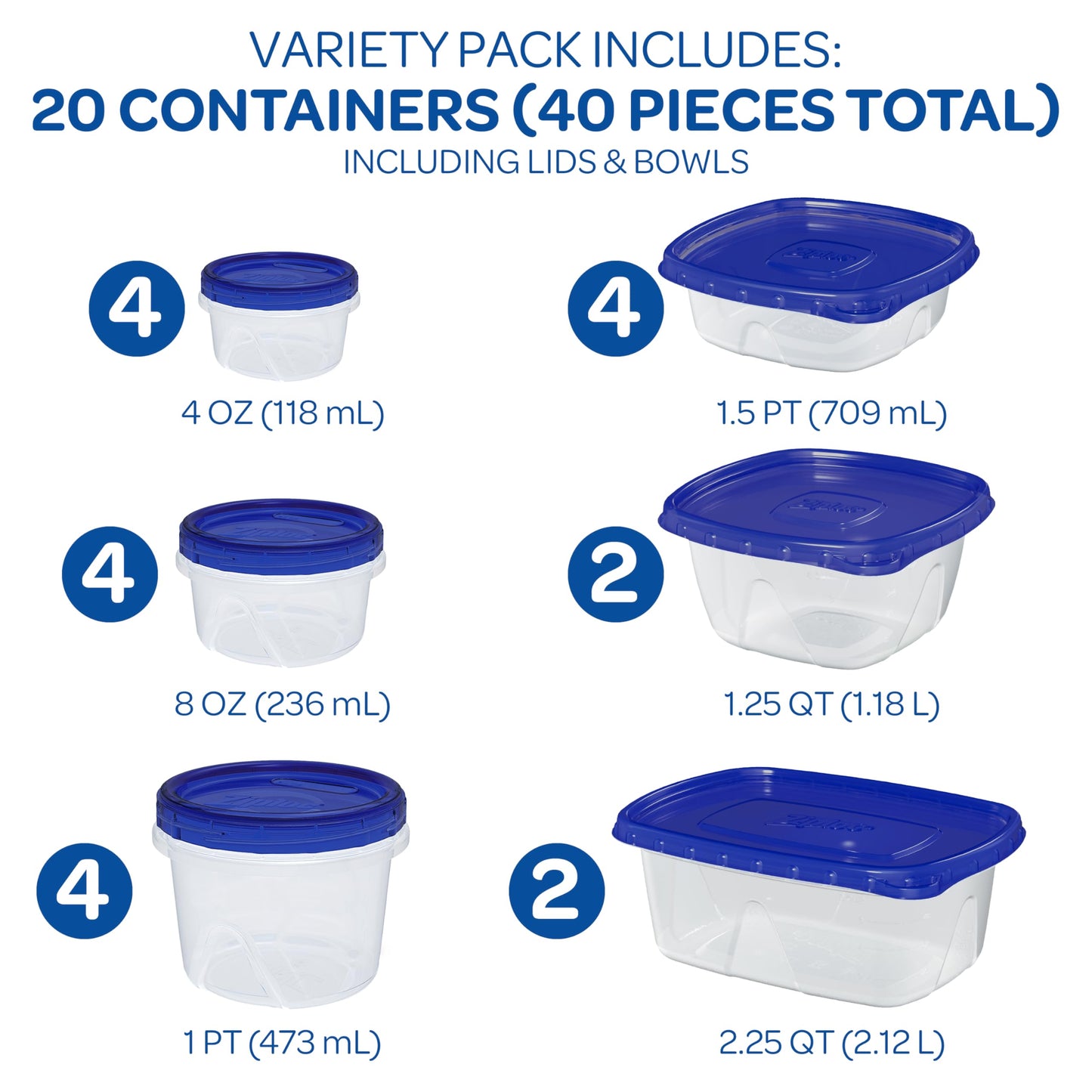 Ziploc Food Storage Meal Prep Containers, Reusable for Lunch and Leftovers, Dishwasher Safe, Variety Pack, 20 Containers and 20 Lids