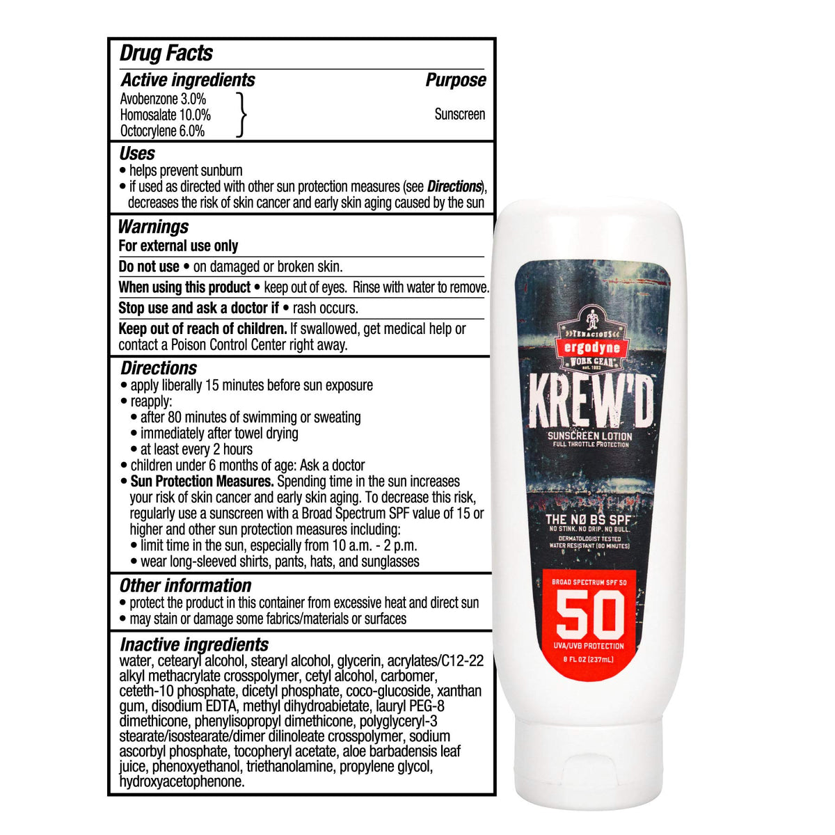 Ergodyne KREW'D 6351 Sunscreen Lotion, Broad Spectrum, SPF 50, 8 oz