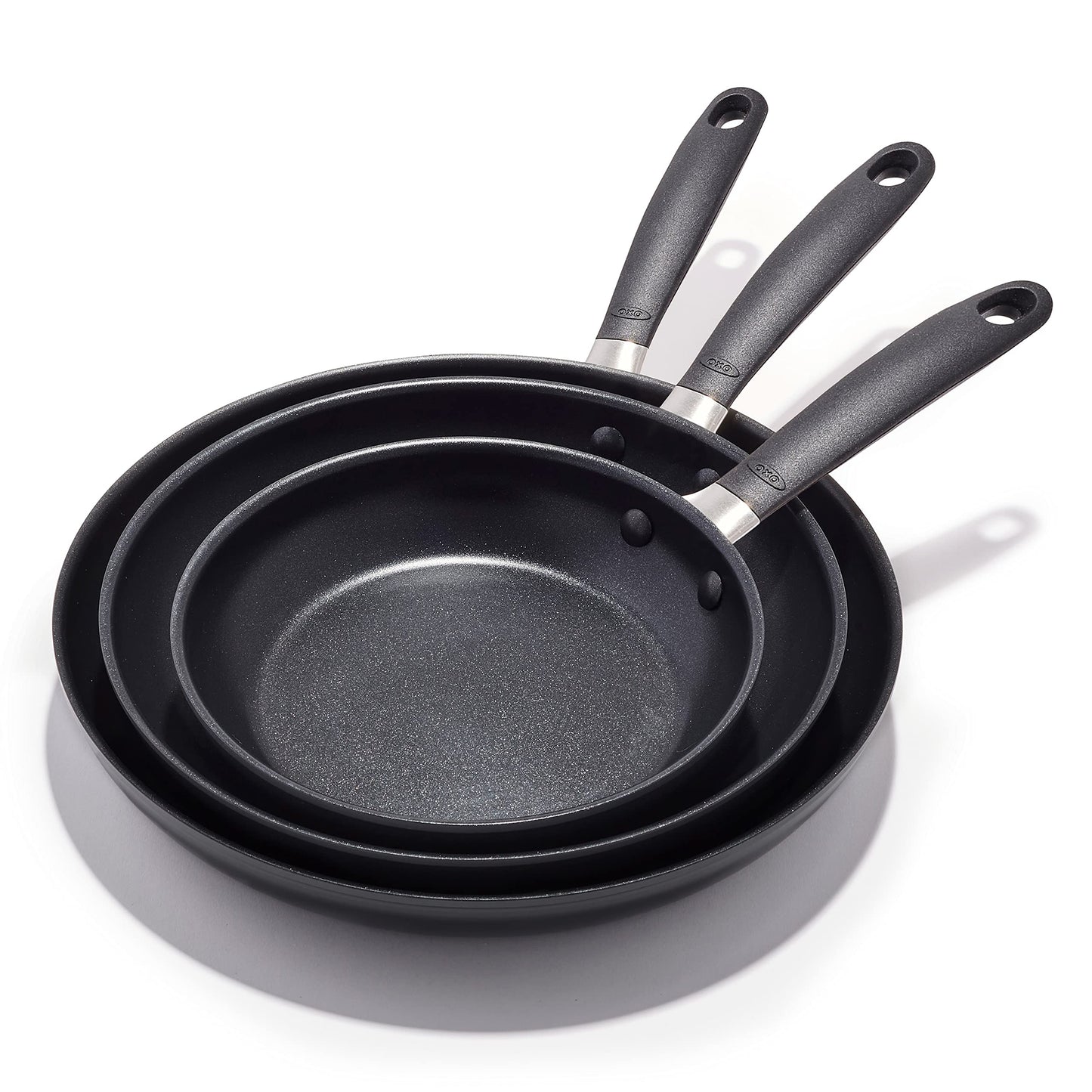 OXO Good Grips 8" 10" and 12" Frying Pan Skillet Set, 3-Layered German Engineered Nonstick Coating, Stainless Steel Handle with Nonslip Silicone, Black