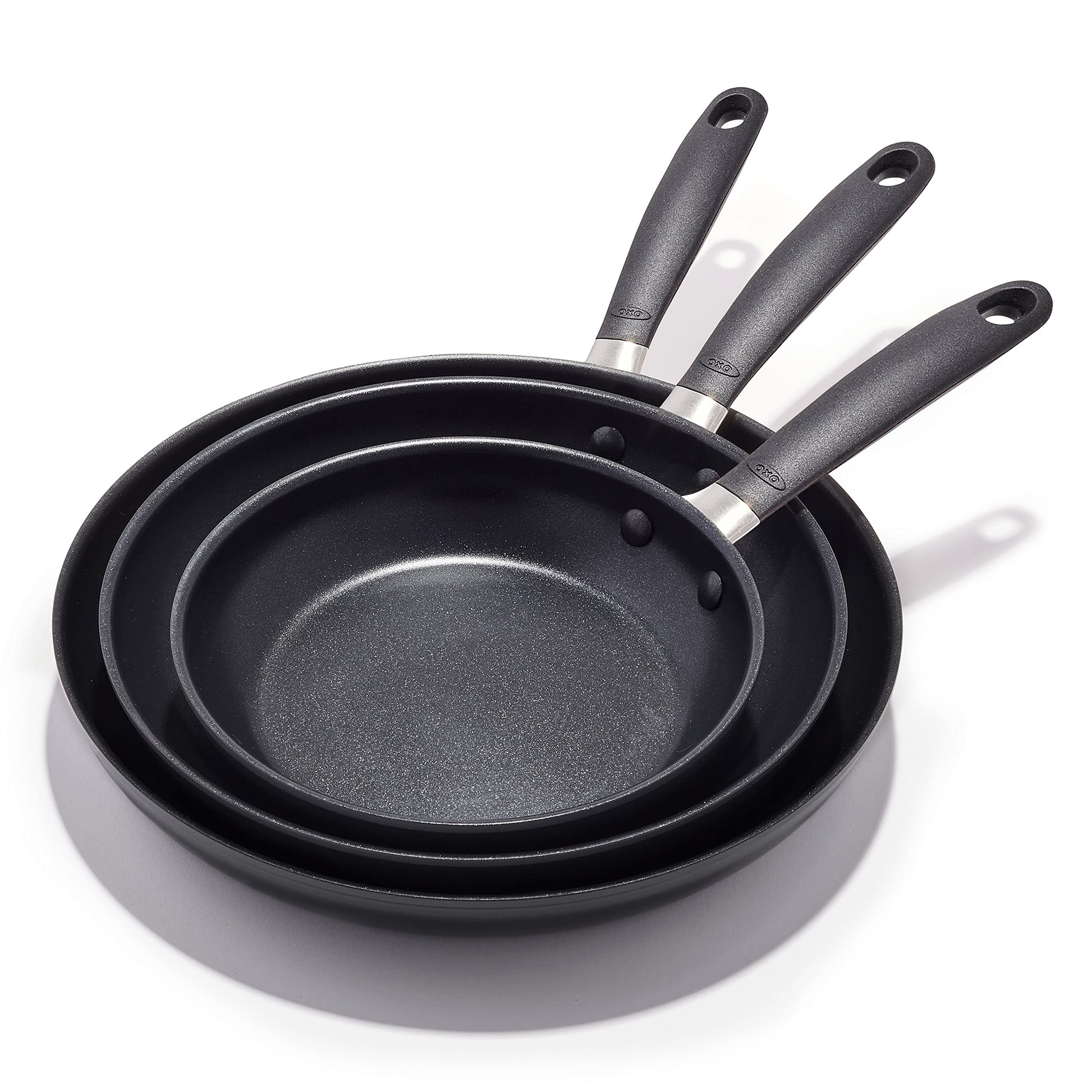 OXO Good Grips 8" 10" and 12" Frying Pan Skillet Set, 3-Layered German Engineered Nonstick Coating, Stainless Steel Handle with Nonslip Silicone, Black