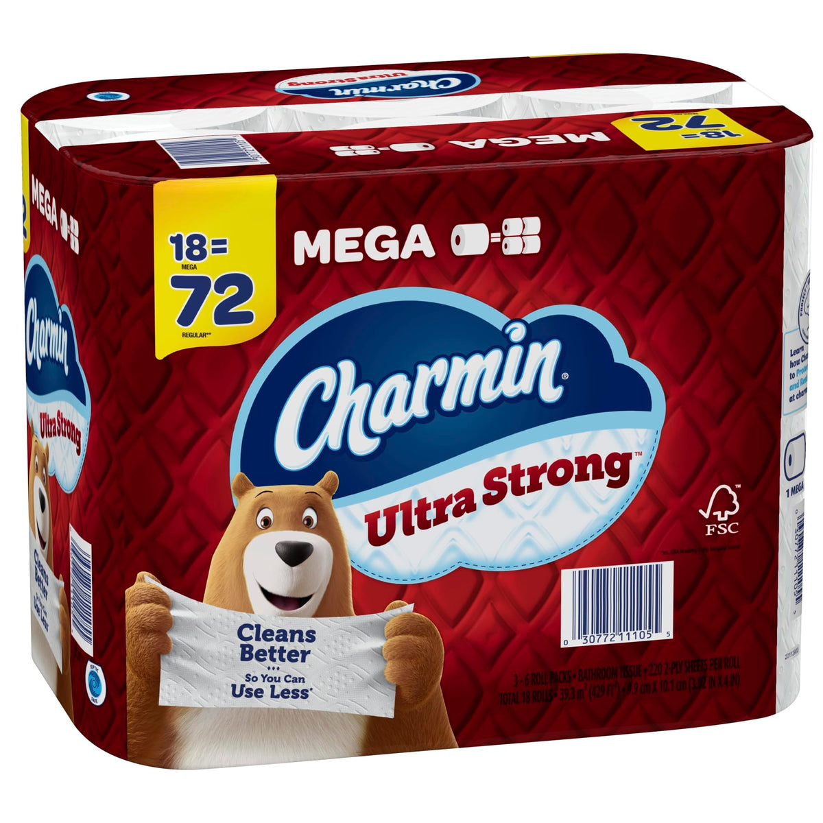 Charmin Ultra Strong Toilet Paper Mega Rolls, 4" x 3-15/16", White, 220 Sheets Per Roll, Pack Of 18 Mega Rolls