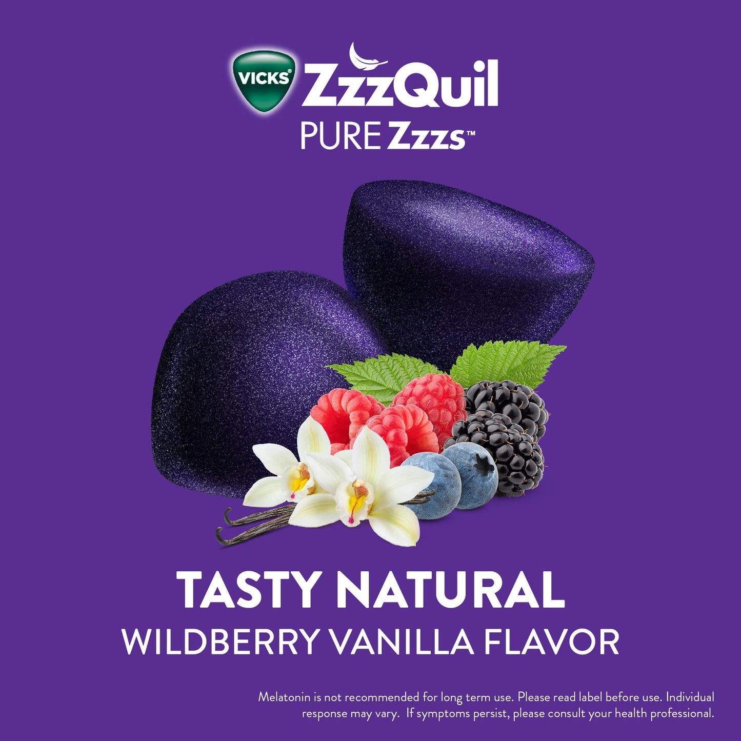 ZzzQuil PURE Zzzs Melatonin Sleep Aid Gummies, Helps You Fall Asleep Naturally, Wildberry Vanilla Flavor, Chamomile Lavender & Valerian Root, 1mg per gummy, 24 Count