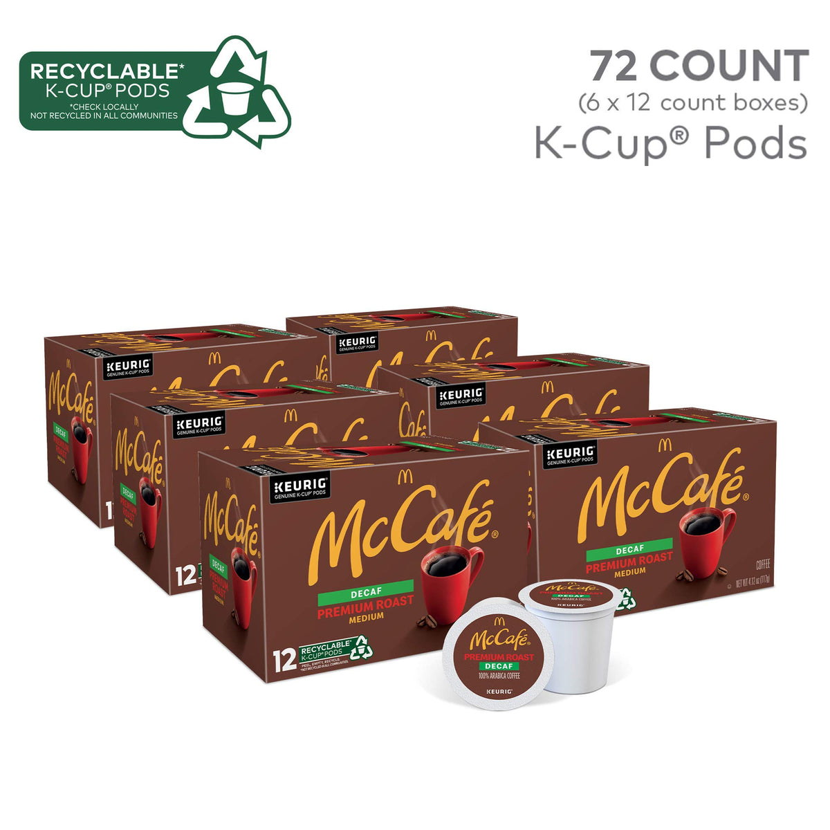McCafe Premium Roast Decaf Coffee, Single Serve Keurig K-Cup Pods, Decaffeinated, 72 Count