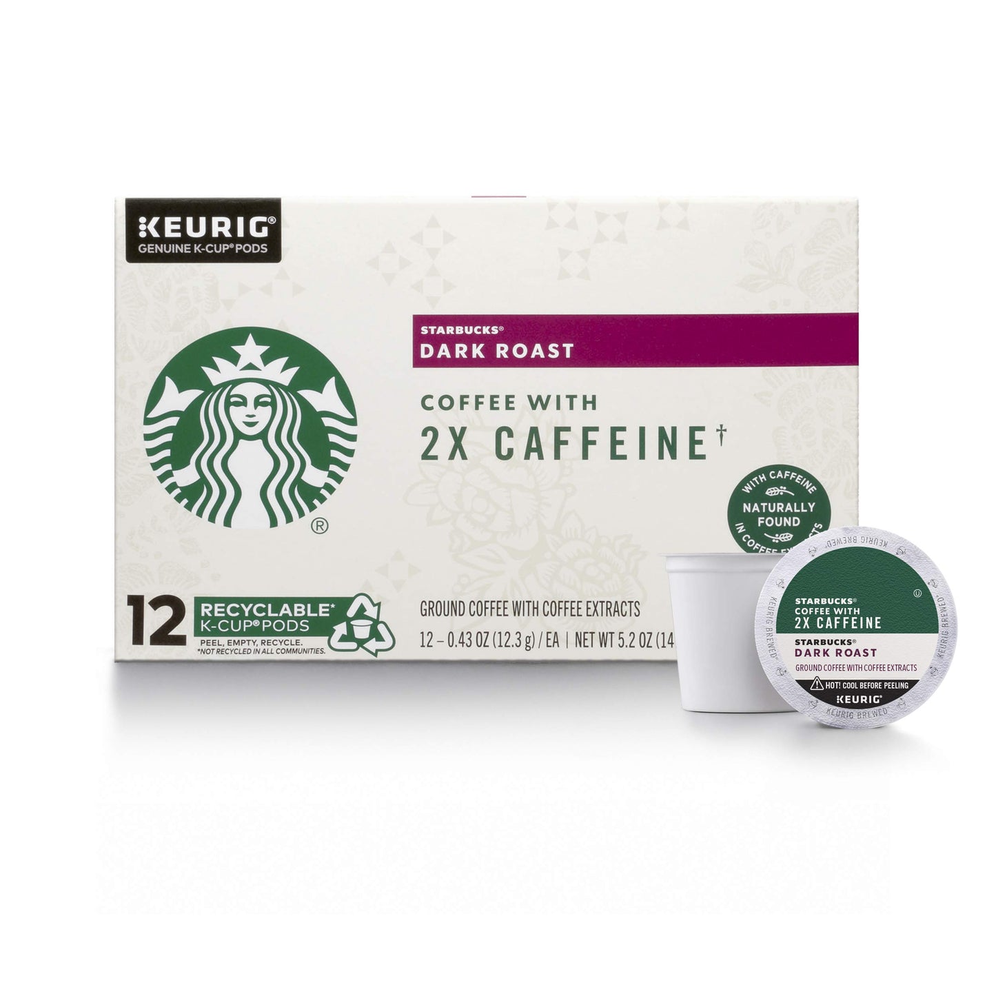 Starbucks Dark Roast K-Cup Coffee Pods with 2X Caffeine, for Keurig Brewers, 4 boxes (48 pods total)
