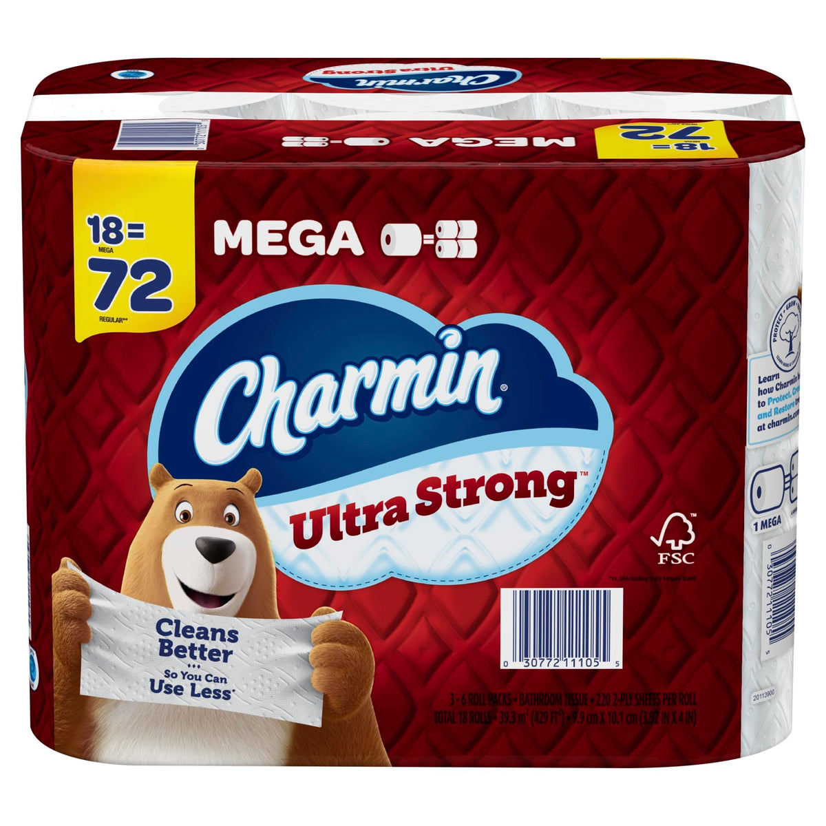 Charmin Ultra Strong Toilet Paper Mega Rolls, 4" x 3-15/16", White, 220 Sheets Per Roll, Pack Of 18 Mega Rolls