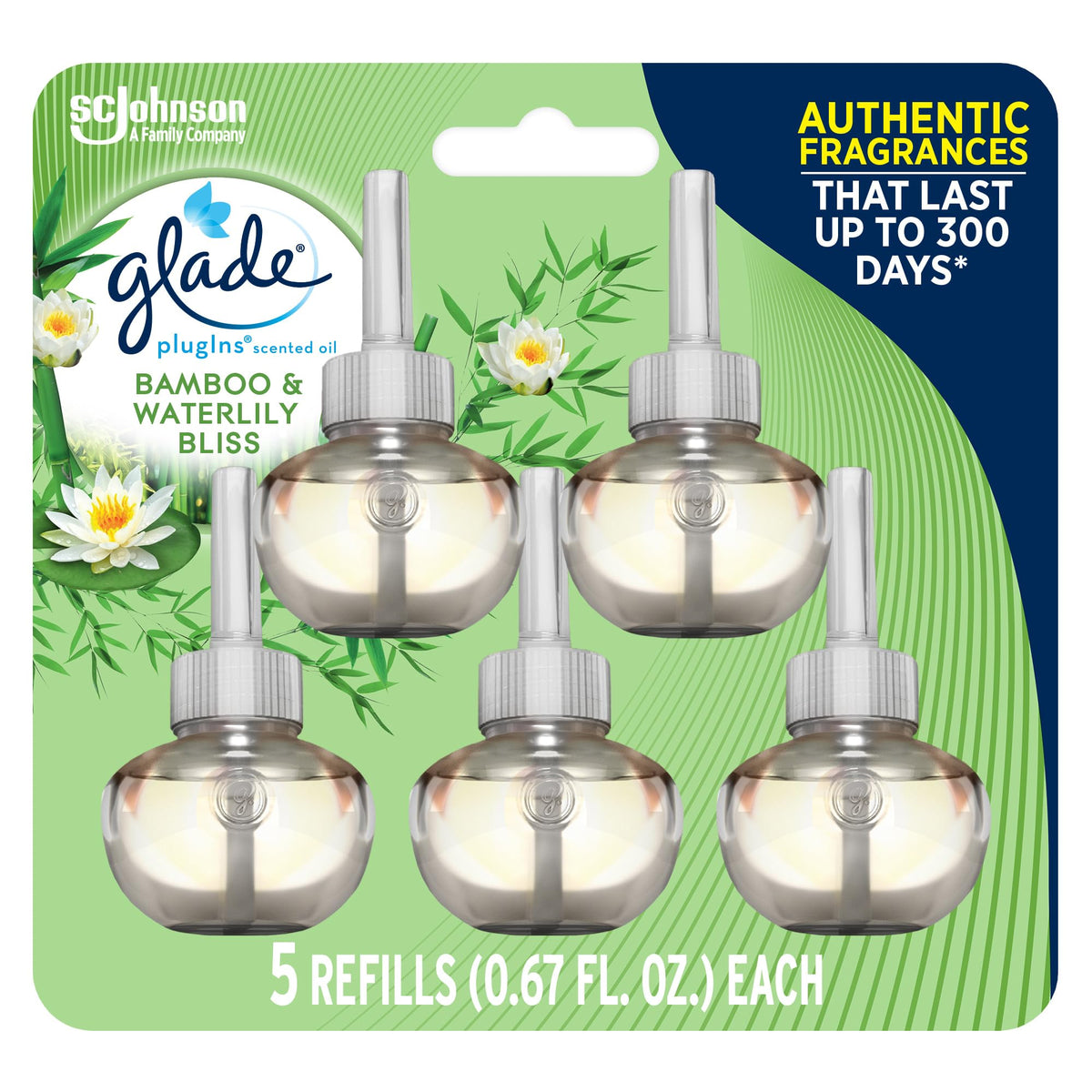 Glade PlugIns Refills Air Freshener, Scented and Essential Oils for Home and Bathroom, Bamboo & Bliss, 3.35 Fl Oz, 5 Count