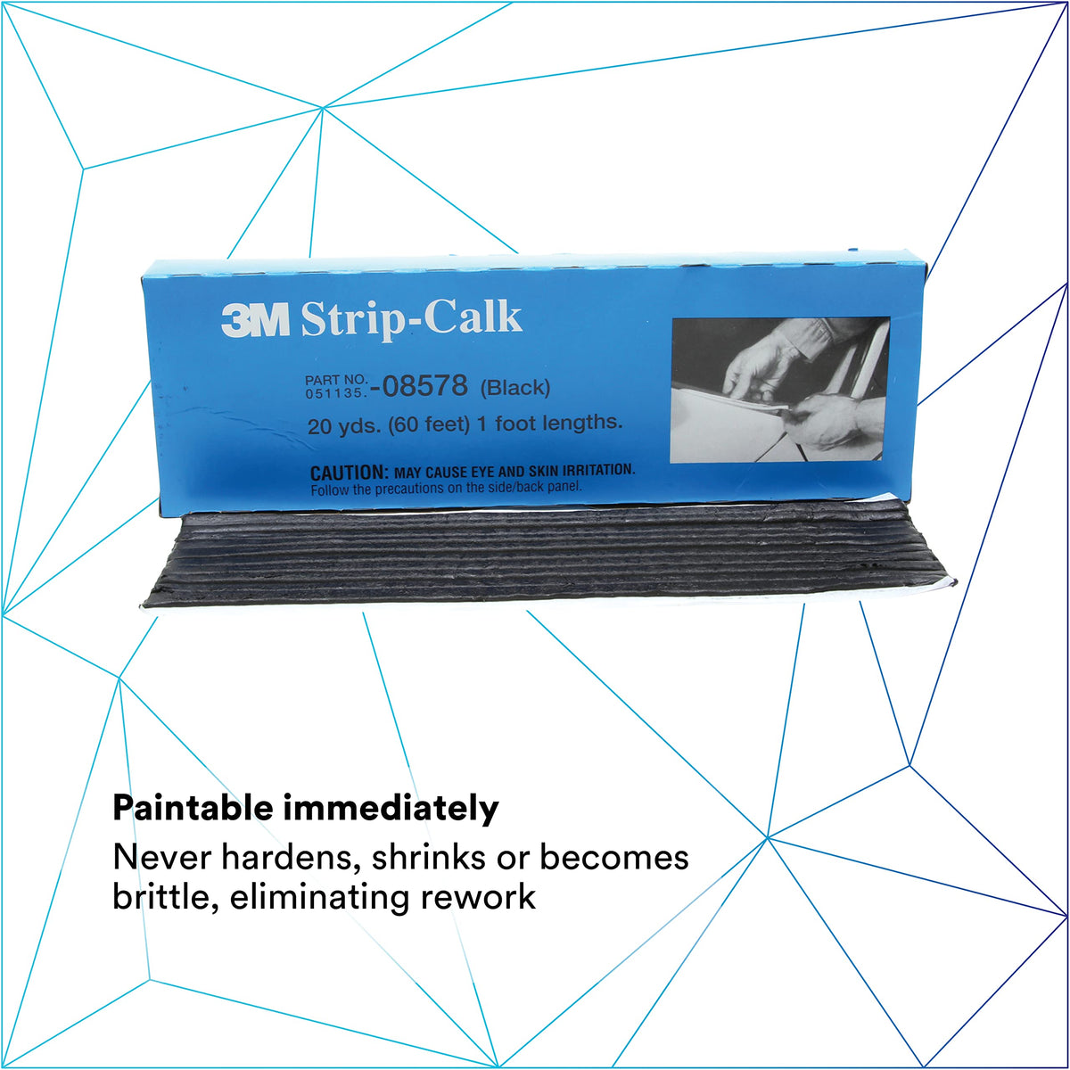 3M Strip Calk, 08578, 1 ft Strips, Black, Soft Butyl Rubber, Permanent Elasticity, Joint Filling, Trunk Seams, 60 Pack