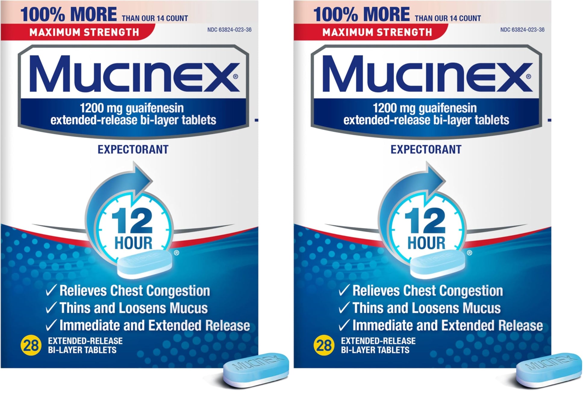 Mucinex Maximum Strength 12 Hour Chest Congestion Expectorant Relief Tablets, 1200 mg, 28 Count (Pack of 2)