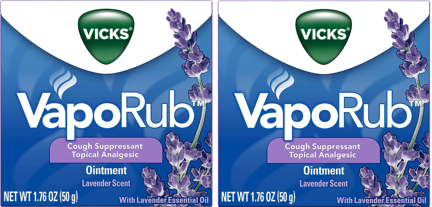 Vicks VapoRub, Lavender Scent, Cough Suppressant, Topical Chest Rub & Analgesic Ointment, Medicated Vapors, Relief from Cough Due to Cold, Aches & Pains, 1.76oz (Pack of 2)