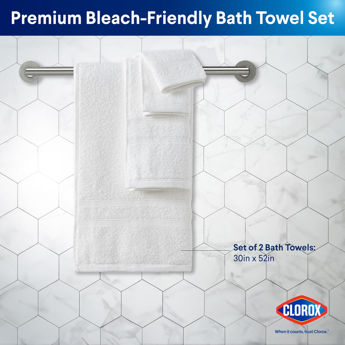 CLOROX Bleach Friendly Towels, Quick Dry, 100% Cotton Bath Towels (30" x 52"), Highly Absorbent Soft Lightweight, Ideal for Everyday Use, Easy to Wash(2 Pack, White)