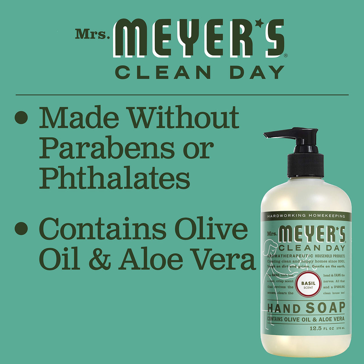 MRS. MEYER'S CLEAN DAY Hand Soap, Made with Essential Oils, Biodegradable Formula, Basil, 12.5 Fl. Oz