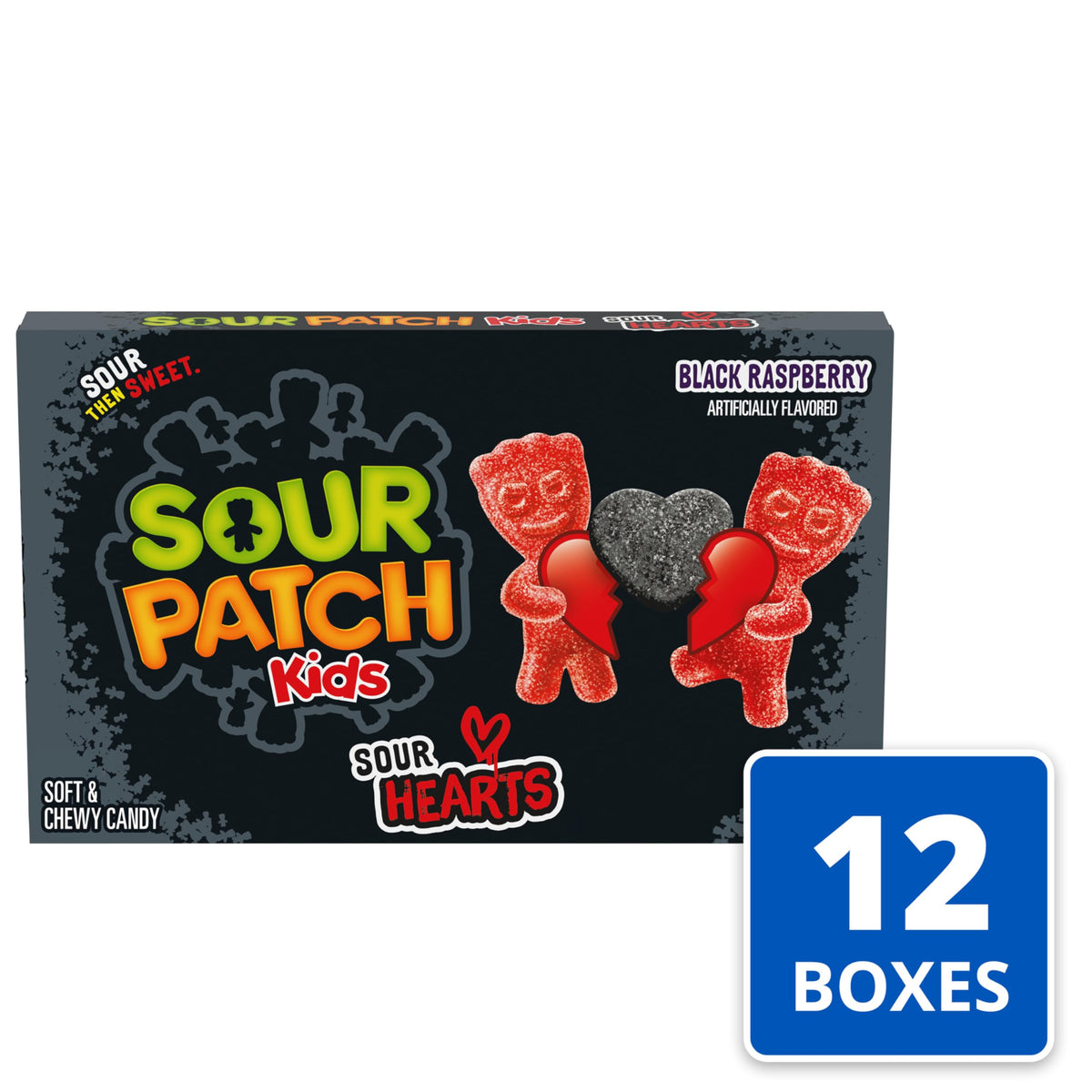 SOUR PATCH KIDS Sour Hearts Black Raspberry Soft & Chewy Candy, Valentines Day Candy, Bulk Candy, 12 - 3.08 oz Boxes