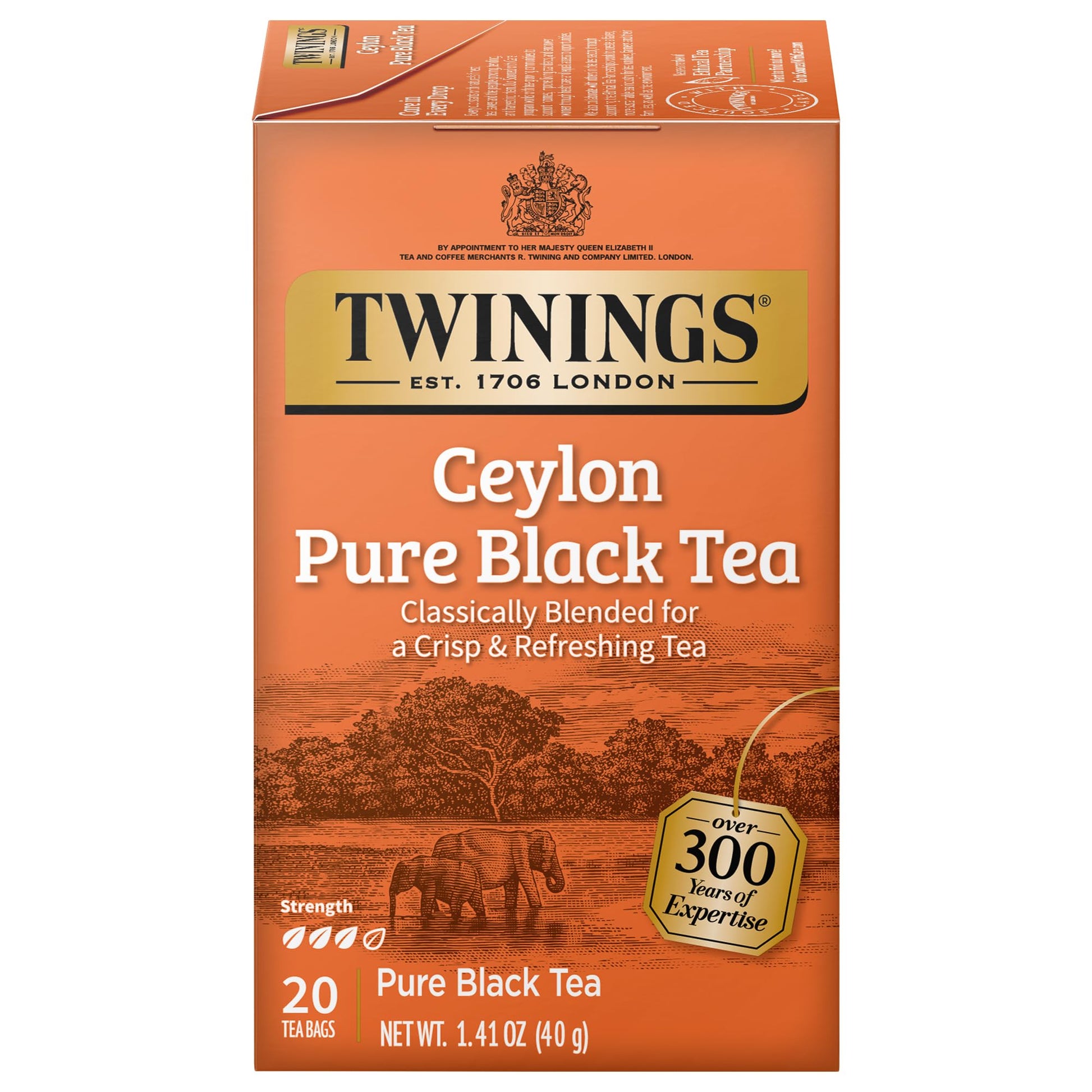 Twinings Ceylon Pure Black Tea Individually Wrapped Bags, 20 Count (Pack of 6), formerly Ceylon Orange Pekoe, Crisp, Refreshing, Caffeinated, Enjoy Hot or Iced | Packaging May Vary