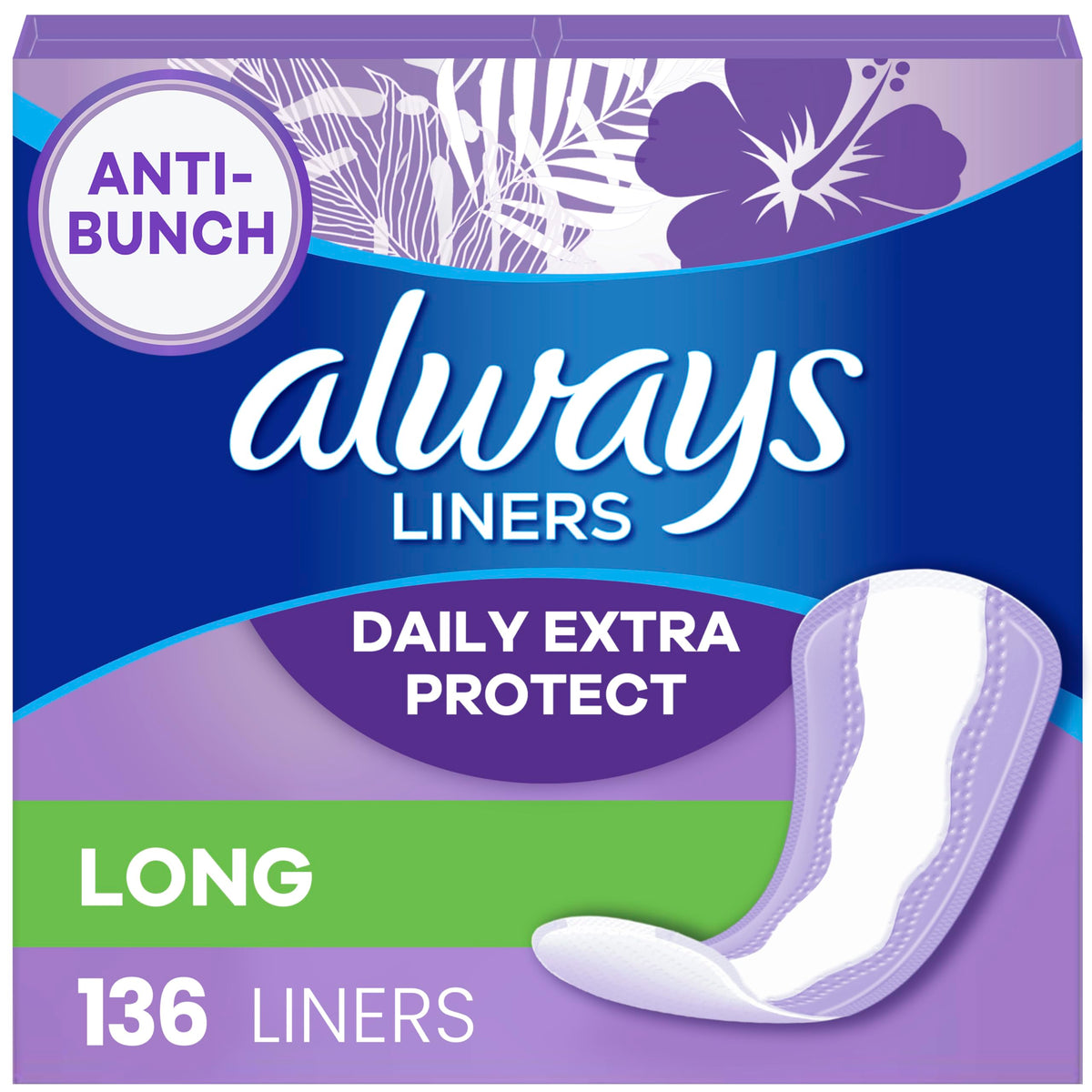 Always Daily Extra Protect Liners, Long Length, Unscented Panty Liners, 136 Count