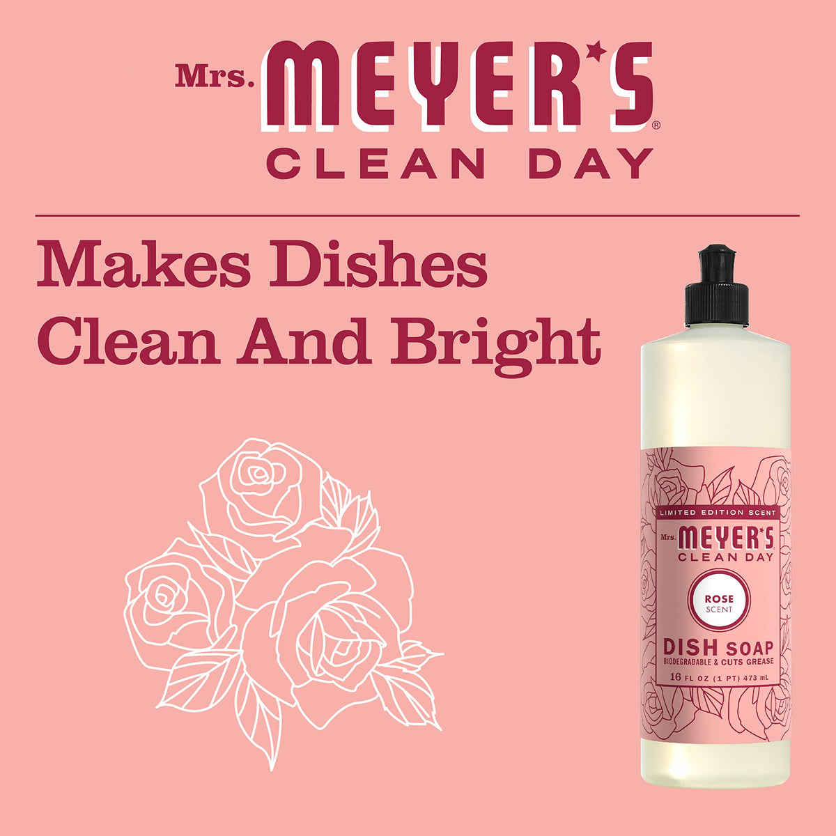 MRS. MEYER'S CLEAN DAY Liquid Dish Soap, Rose Scent, 16 Ounce Bottle