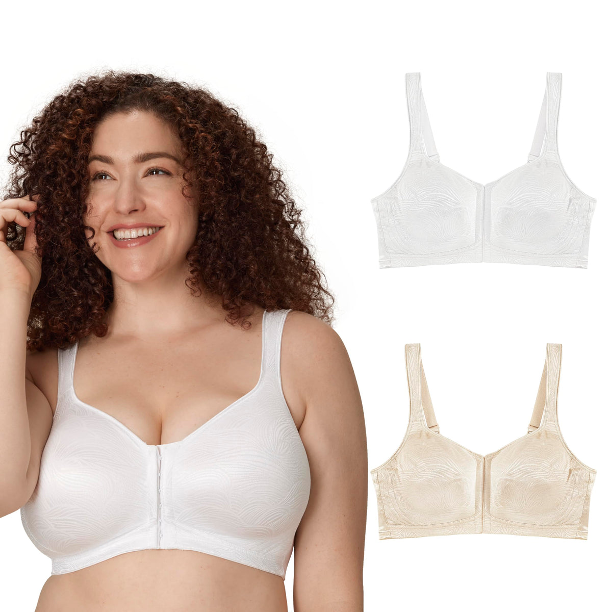 Playtex Womens 18 Hour Extra Back Support Front Close Wireless Use52e with 2-Pack Option Bra, White/Light Beige (2 Pack), 40C US