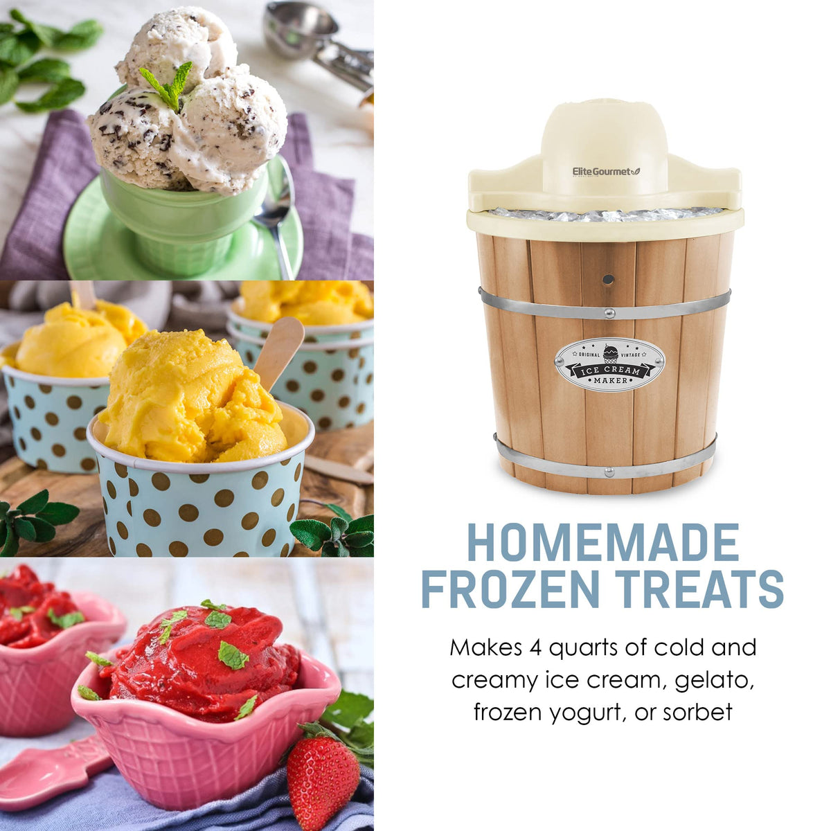 Elite Gourmet EIM-924L# 4 quart Old Fashioned Electric Ice Cream Maker, Pine Bucket