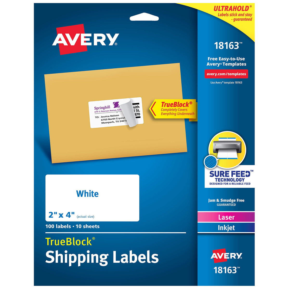 Avery 18163 Shipping Labels with TrueBlock Technology, Inkjet, 2 x 4, White, 100/Pack