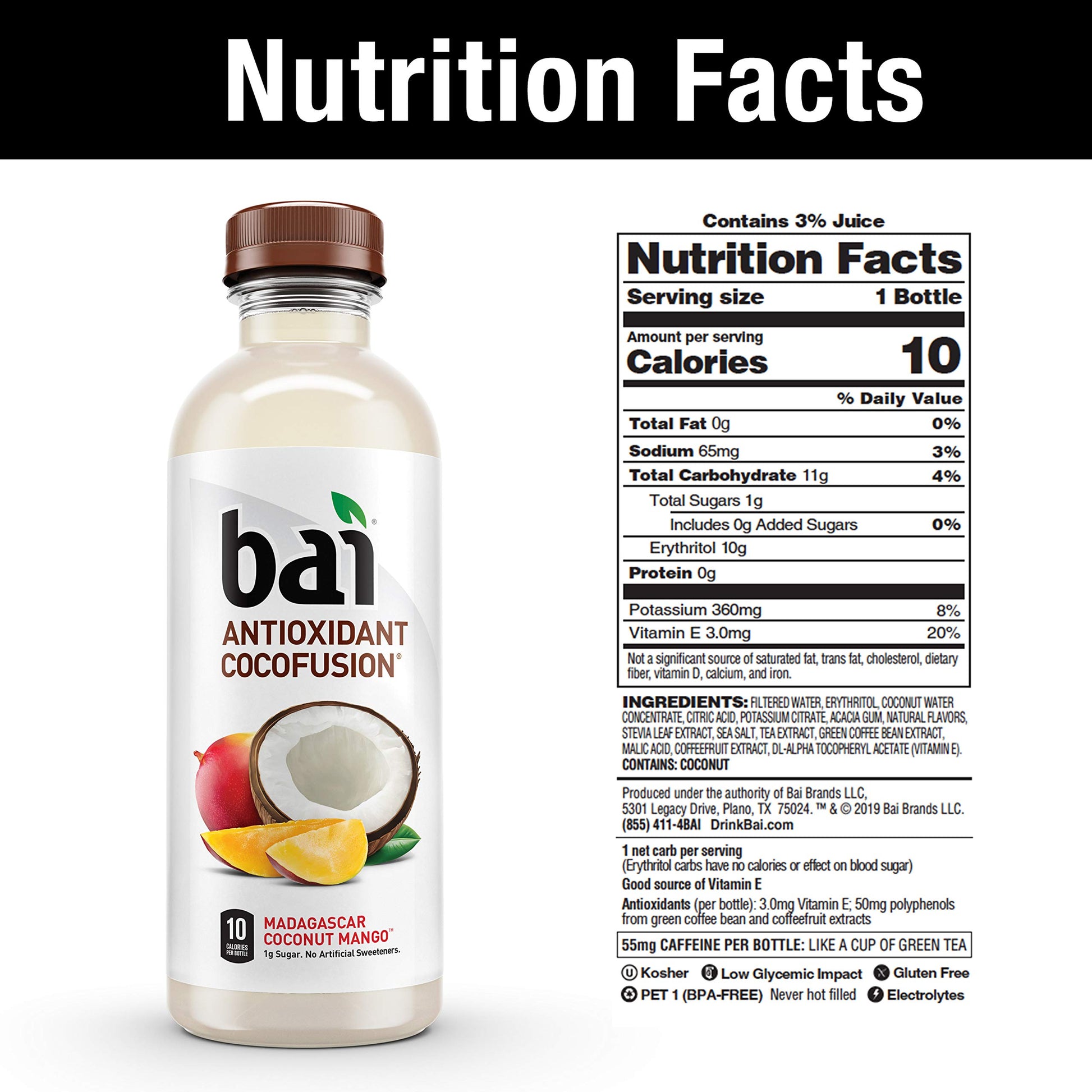 Bai Coconut Flavored Water, Madagascar Coconut Mango, Antioxidant Infused Drinks, 18 Fl Oz (Pack of 6)