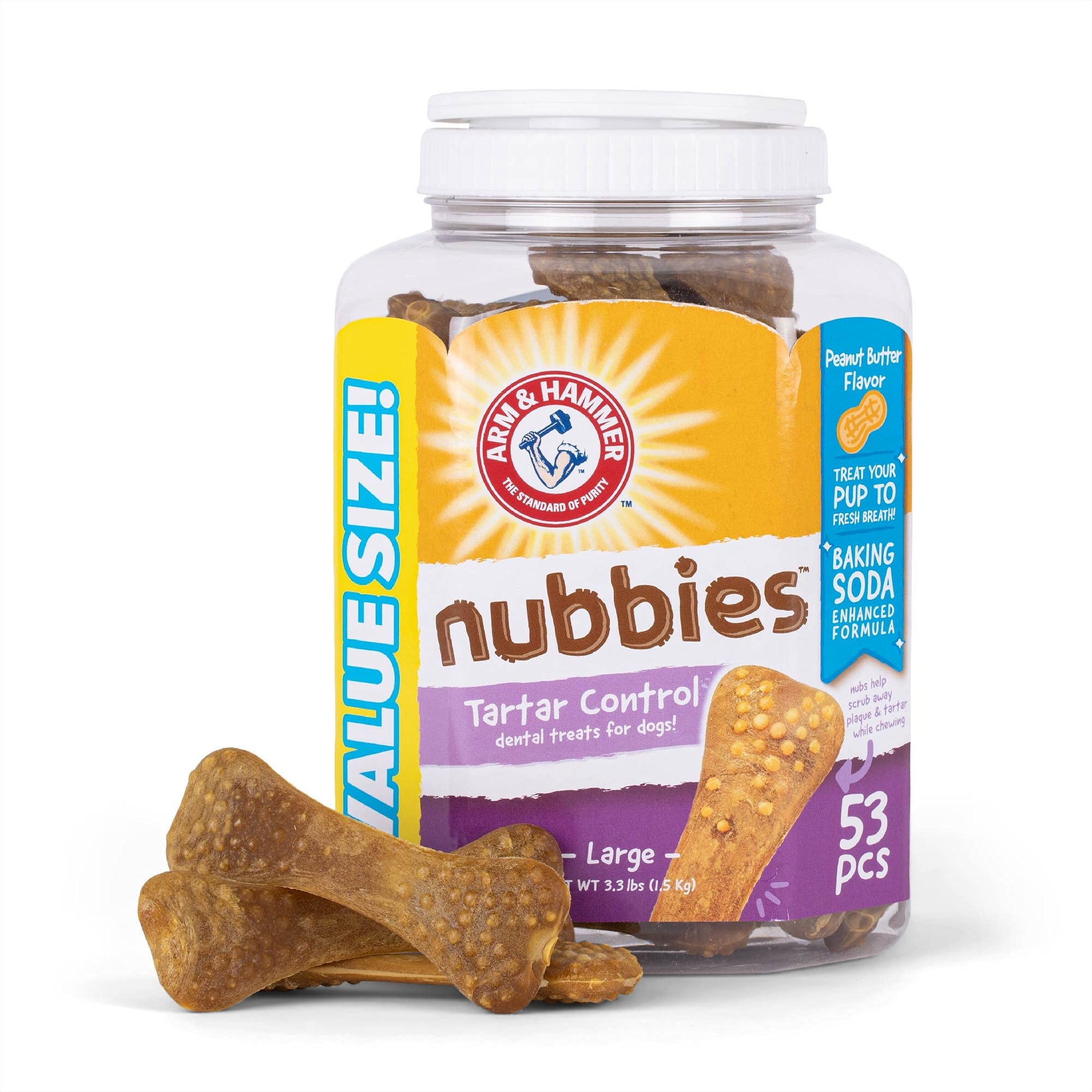 Arm & Hammer for Pets Nubbies Dental Treats for Dogs | Dental Chews Fight Bad Breath, Plaque & Tartar Without Brushing | Peanut Butter Flavor Value Bucket, 53 Pcs