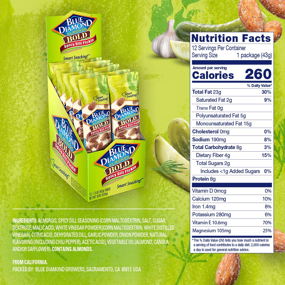 Blue Diamond Almonds, Bold Spicy Dill Pickle Flavored Snack Nuts, Single Serve Bags (1.5 Oz. Tubes, Pack of 12)