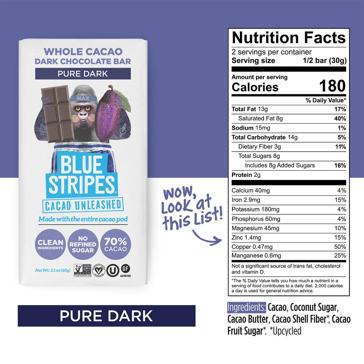 Blue Stripes Pure Dark Chocolate Bar, 2.1 OZ