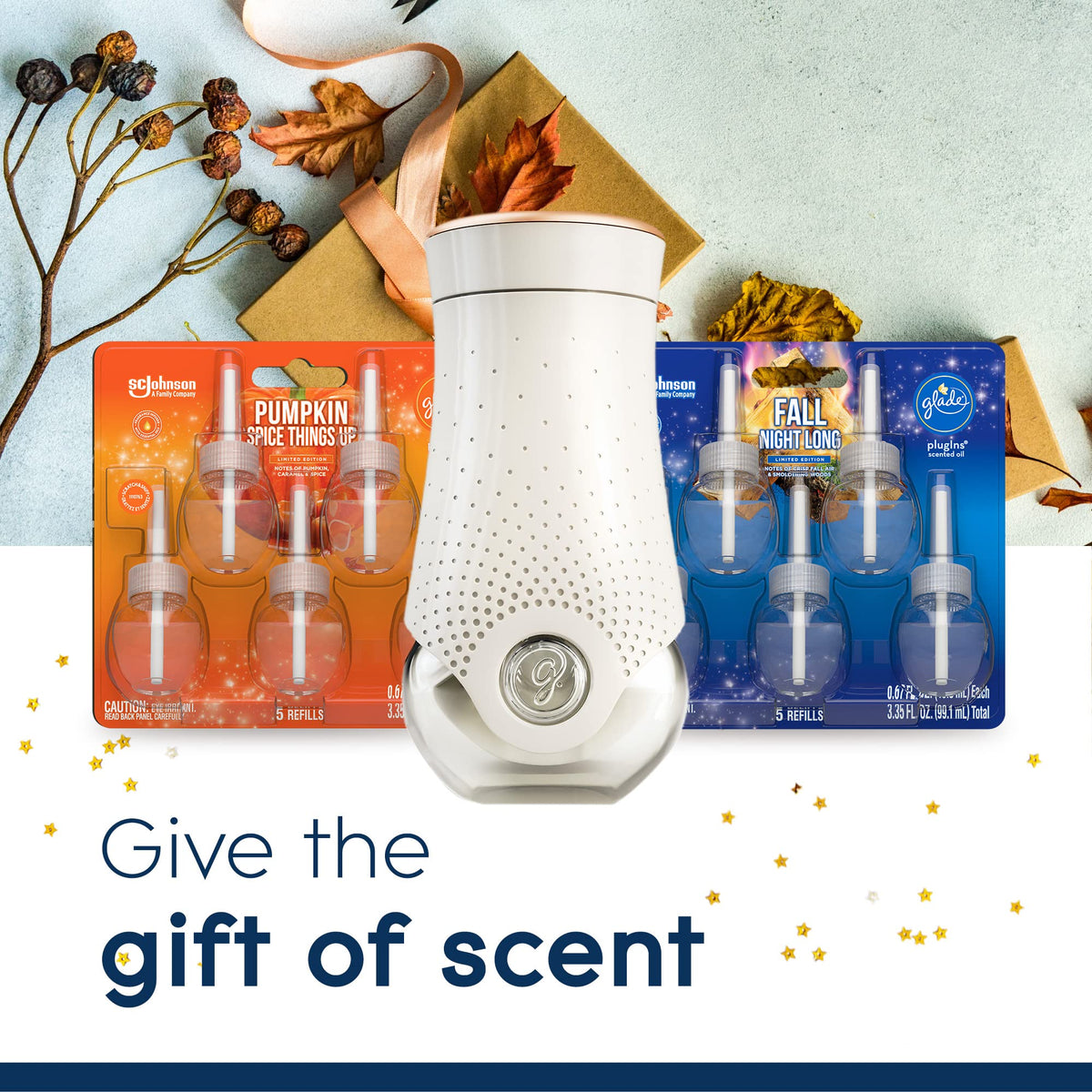 Glade PlugIns Refills Air Freshener Starter Kit, Scented and Essential Oils for Home and Bathroom, Fall Night Long, 3.35 Fl Oz, 1 Warmer + 5 Refills