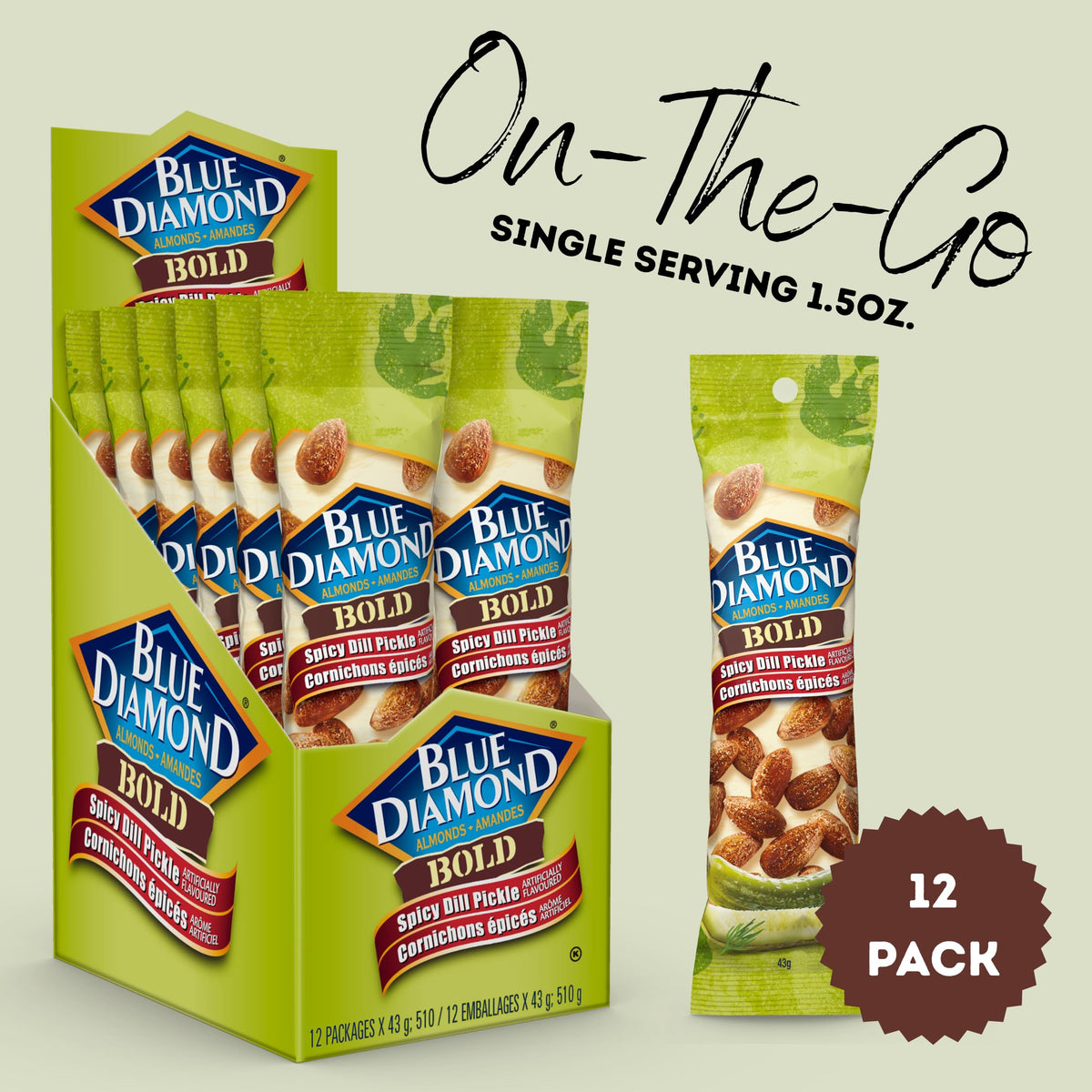 Blue Diamond Almonds, Bold Spicy Dill Pickle Flavored Snack Nuts, Single Serve Bags (1.5 Oz. Tubes, Pack of 12)