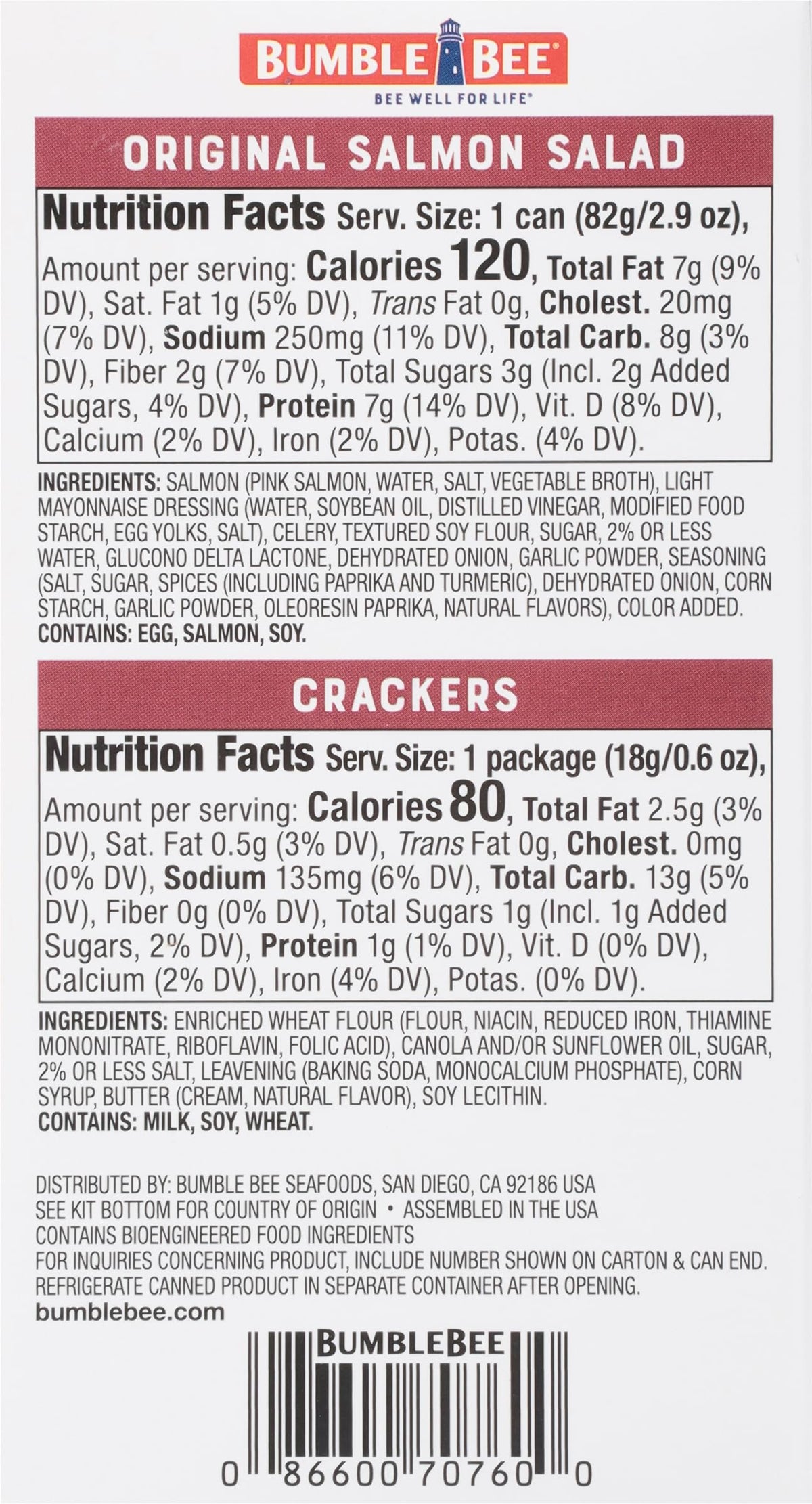 Bumble Bee Snack On The Run Salmon Salad with Crackers Kit (Pack of 12) - Ready to Eat Protein Snack Pack - 8g Protein per Box - Wild Caught MSC Certified Seafood