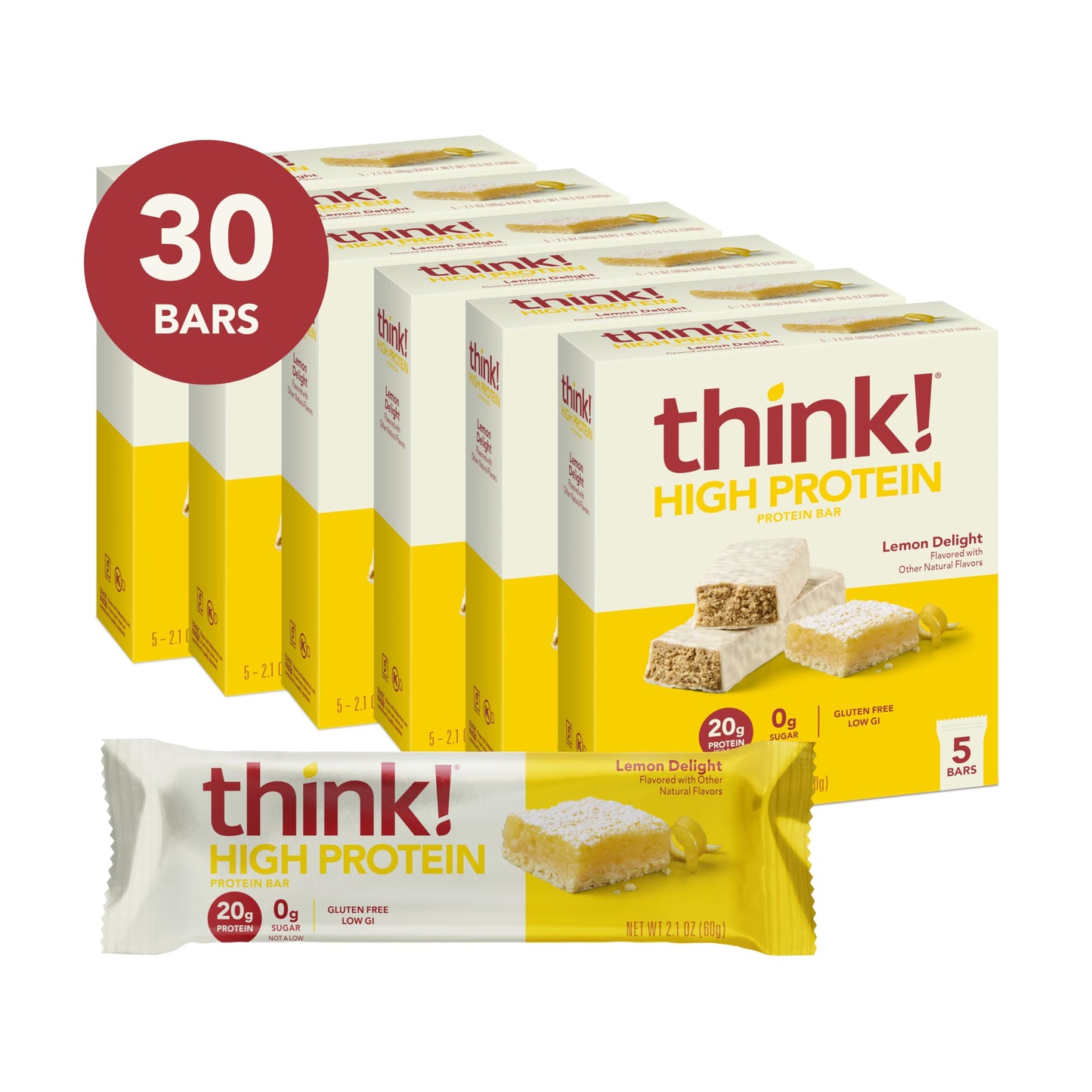think! Protein Bars, High Protein Snacks, Gluten Free, Kosher Friendly, Lemon Delight, Nutrition Bars, 2.1 Oz per Bar, 30 Count (Packaging May Vary)