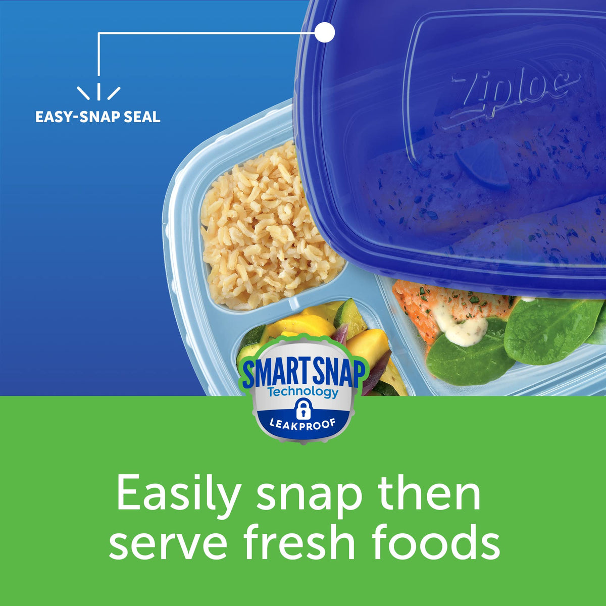 Ziploc Food Storage Meal Prep Containers Reusable for Kitchen Organization, Smart Snap Technology, Dishwasher Safe, Divided Rectangle, 2 Count
