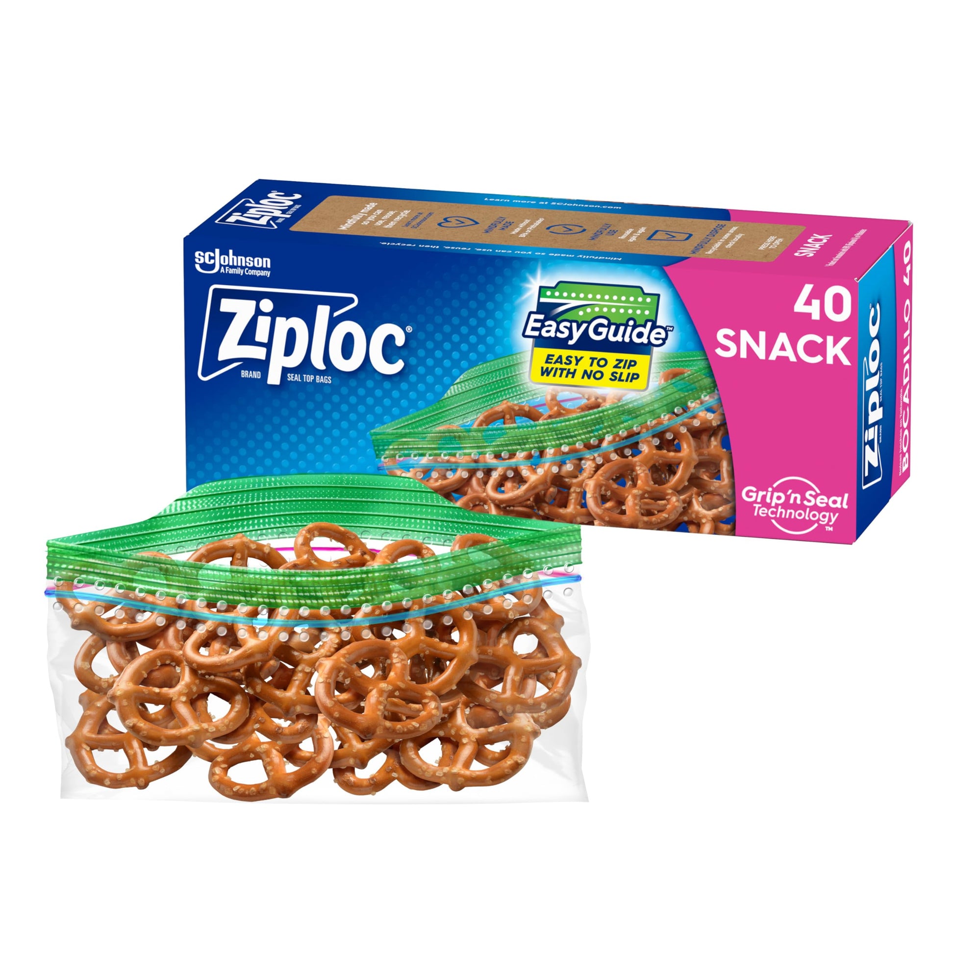 Ziploc Snack Bags with EasyGuide Texture, Small Plastic Storage Bags with Grip 'N Seal Technology, 40 Bags Total