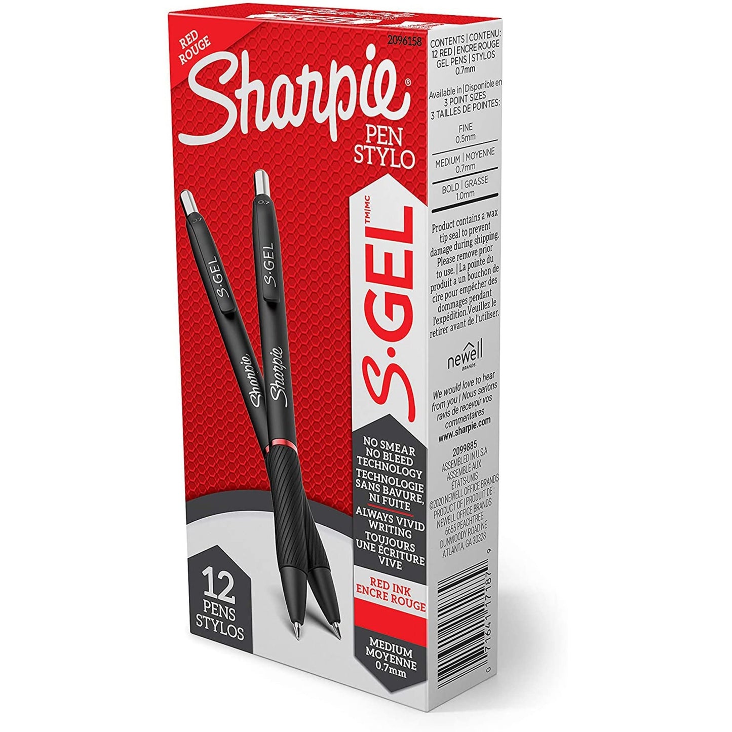 Sharpie S Gel Pens, Medium Point, 0.7 mm, Black Barrel, Red Ink, Pack Of 12 Pens