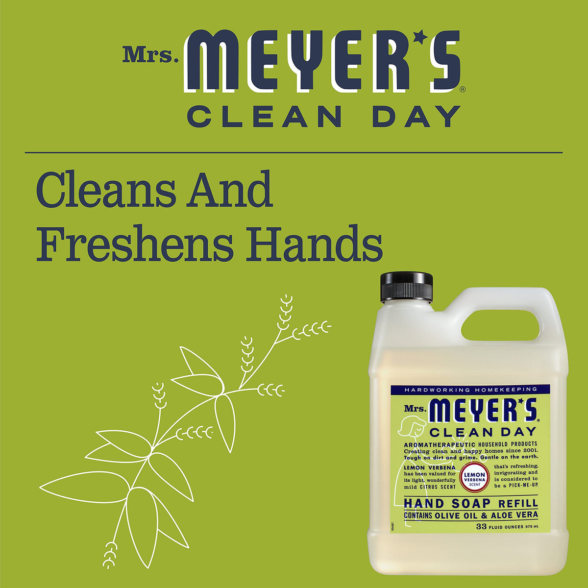 MRS. MEYER'S CLEAN DAY Hand Soap Refill, Made with Essential Oils, Biodegradable Formula, Lemon Verbena, 33 Fl. Oz - Pack Of 2