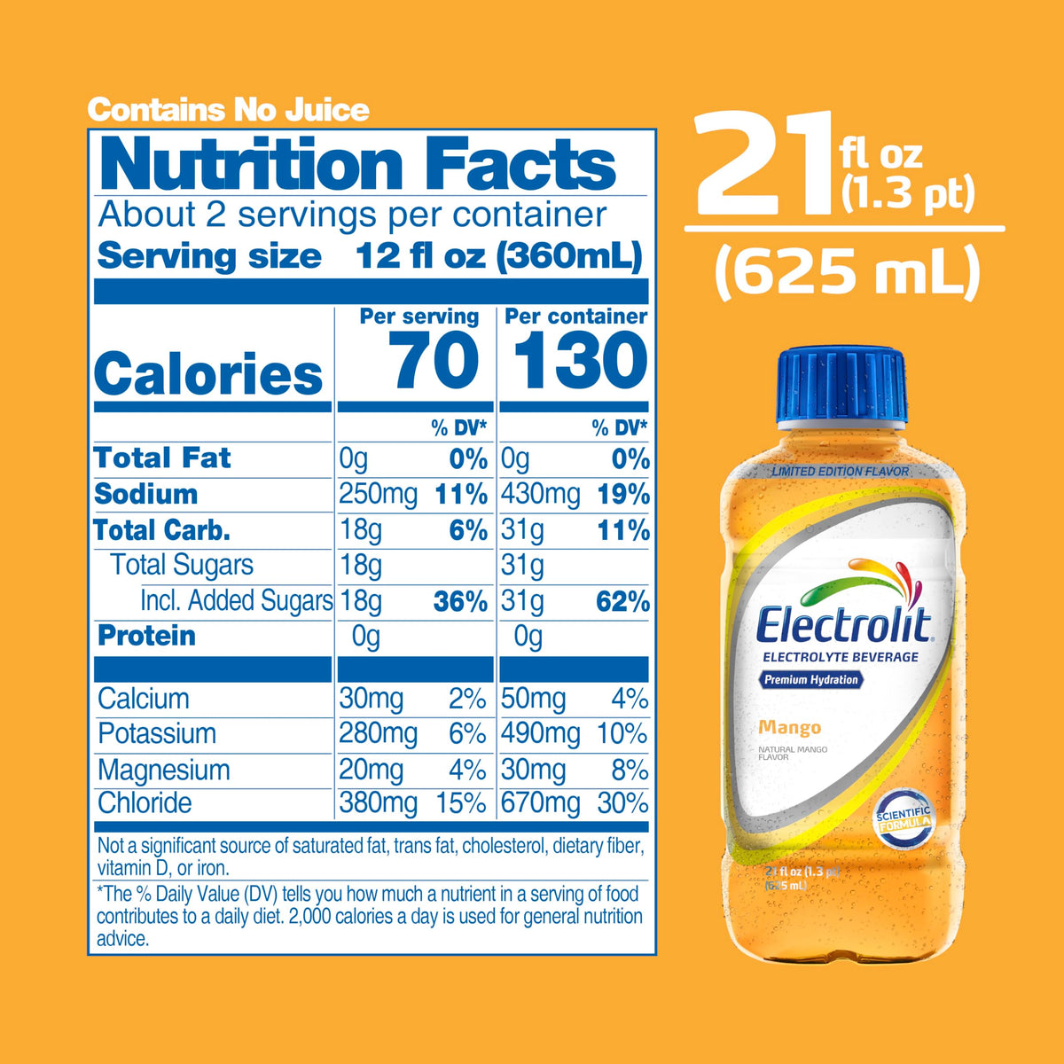 Electrolit, Electrolyte Beverage, Mango, 21 Fl Oz bottle (Pack of 12)