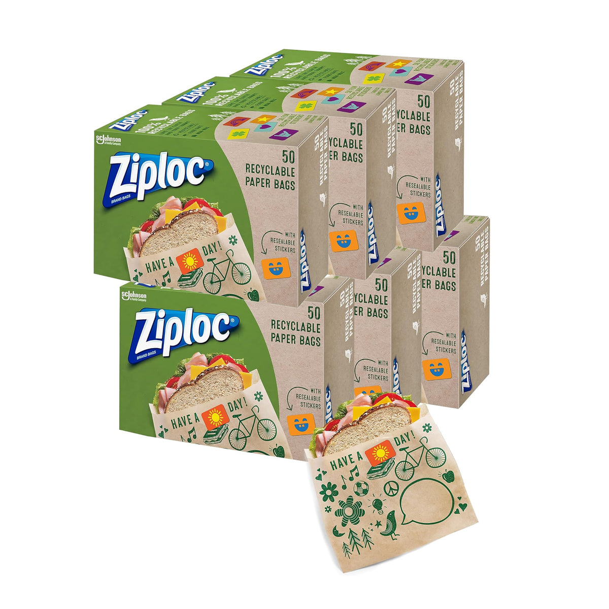 Ziploc Paper Sandwich & Snack Bags, Recyclable & Sealable with Fun Designs, 50 Count, Pack of 6 (300 Total Bags)