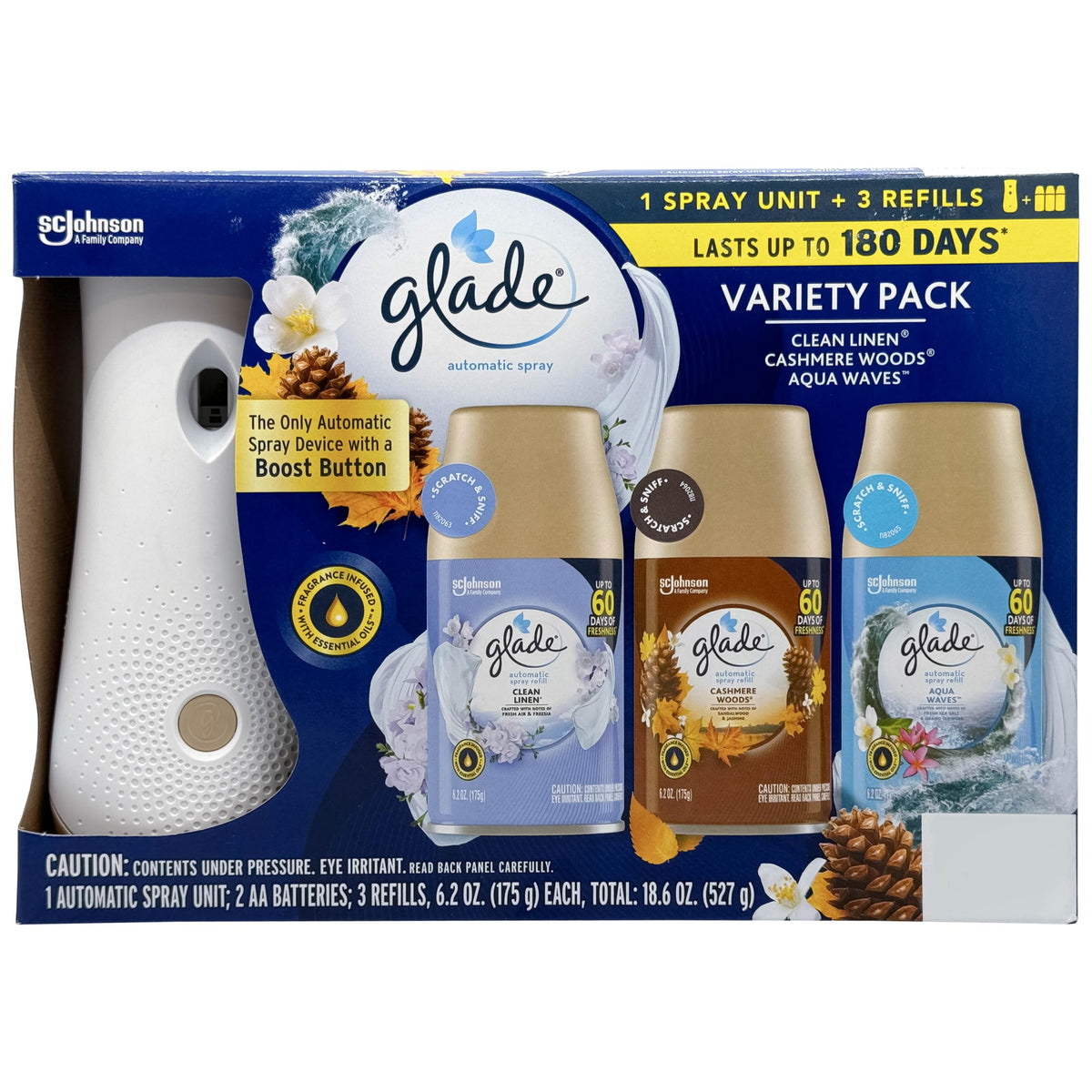 Glade Automatic Spray Variety Pack, 6.2 oz, Aqua Waves, Cashmere Woods & Clean Linen, 8 Ounce (Pack of 1)