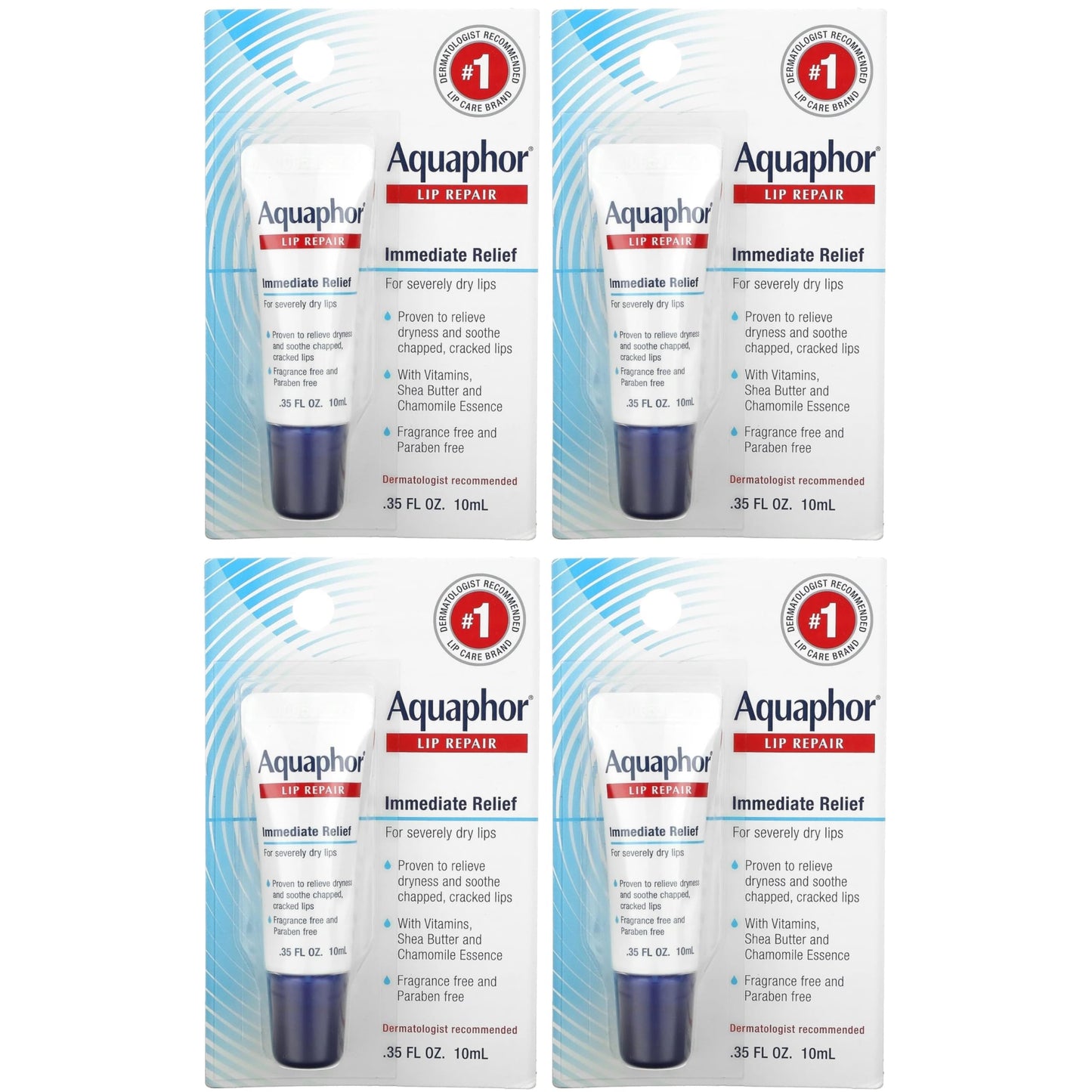 Aquaphor Lip Repair Ointment - Long-lasting Moisture to Soothe Dry Chapped Lips - .35 fl. oz Tube, 4 Pack