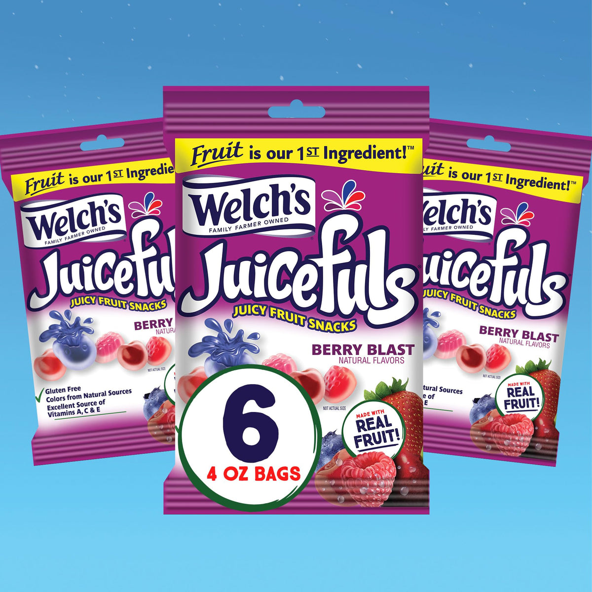 Welch's Juicefuls Juicy Fruit Snacks, Berry Blast, Fruit Gushers, Gluten Free, 4 oz Sharing Size Bags (Pack of 6)