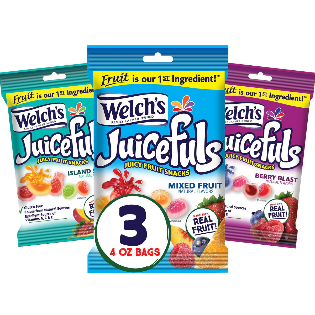 Welch's Juicefuls Juicy Fruit Snacks, Mixed Fruit, Berry Blast & Island Splash Fruit Gushers Variety Pack, Perfect for School Lunches, Gluten Free, Sharing Size Bags, 4 oz (Pack of 12)
